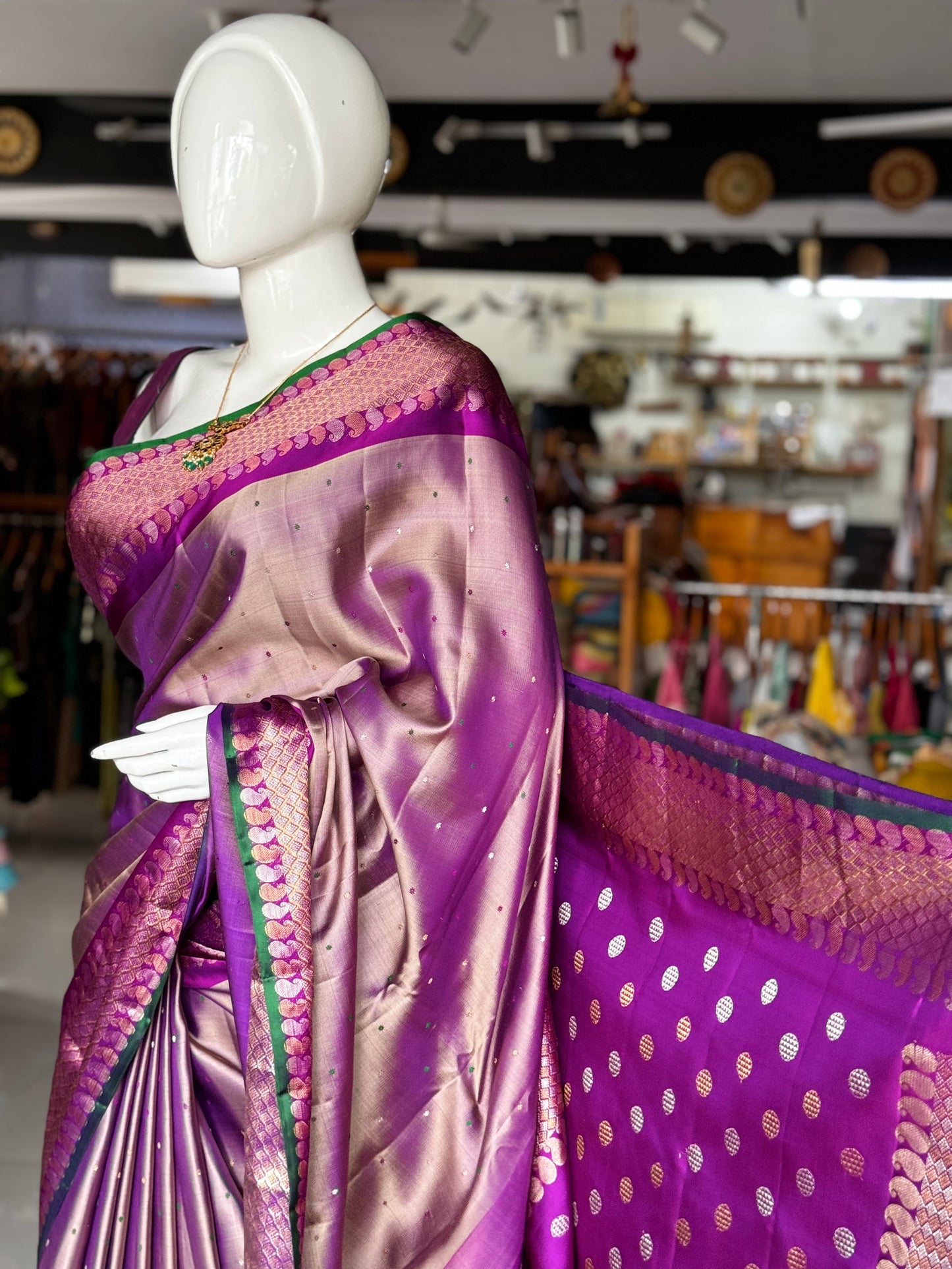 Purple and gold dual tone pure silk twill weave handwoven Gadwal saree with green selvedge