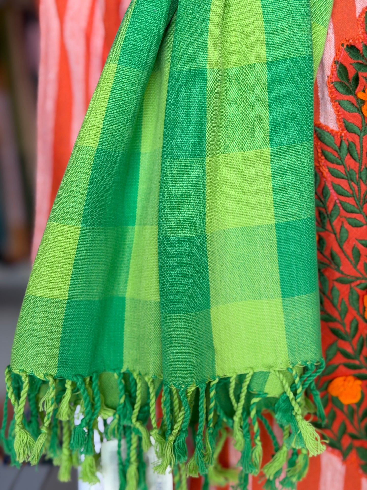 Bright green checks hand woven cotton scarf / stole