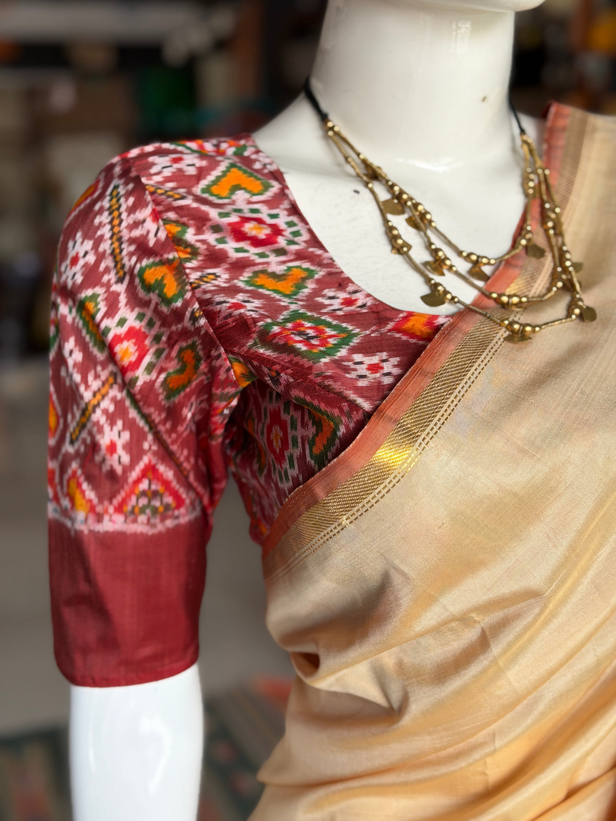 Brick red pure  silk Ikat handloom elbow sleeves princess cut front open blouse