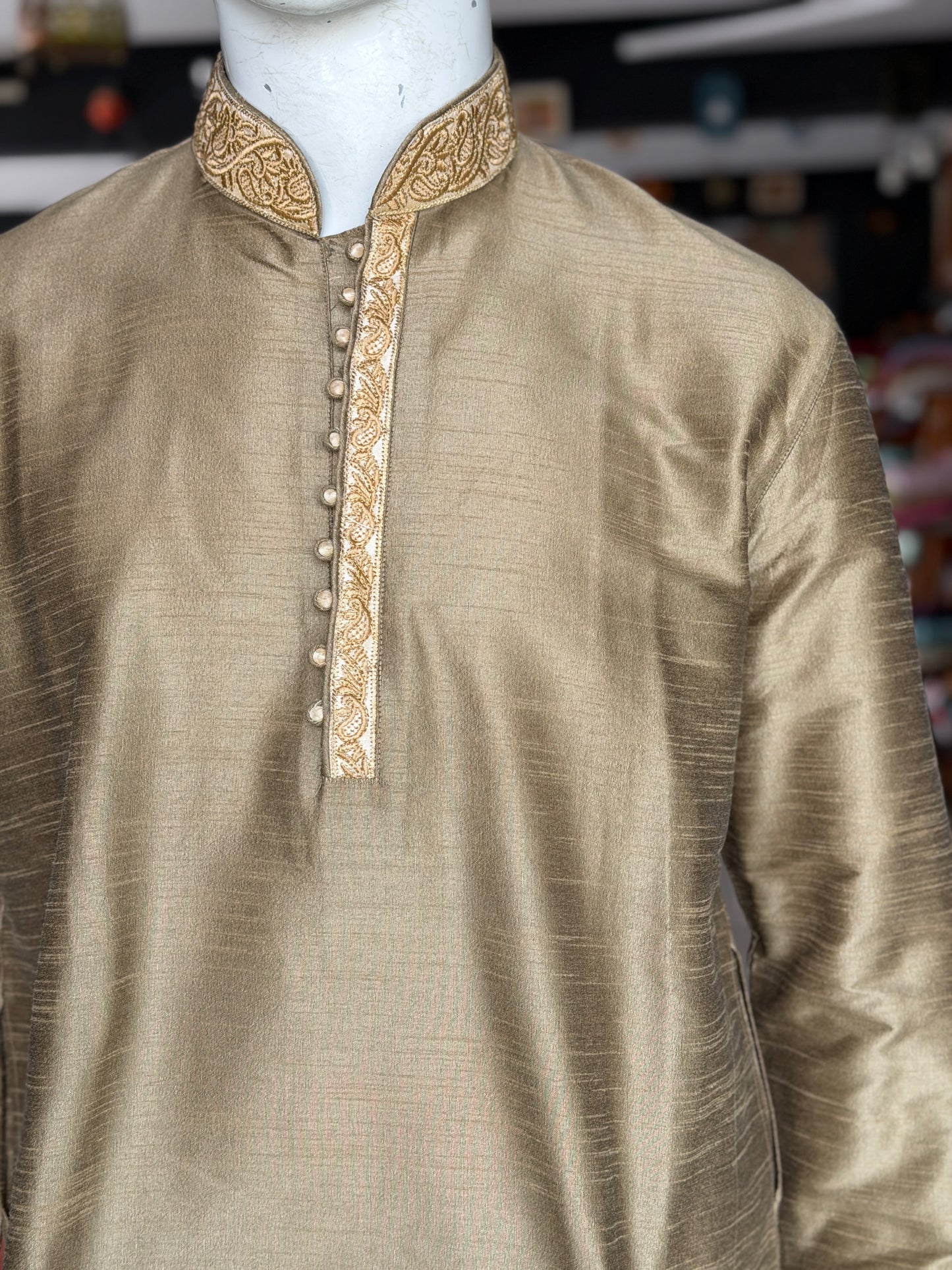 Greenish gold art silk full sleeves long kurta for men with collar and placket embroidery