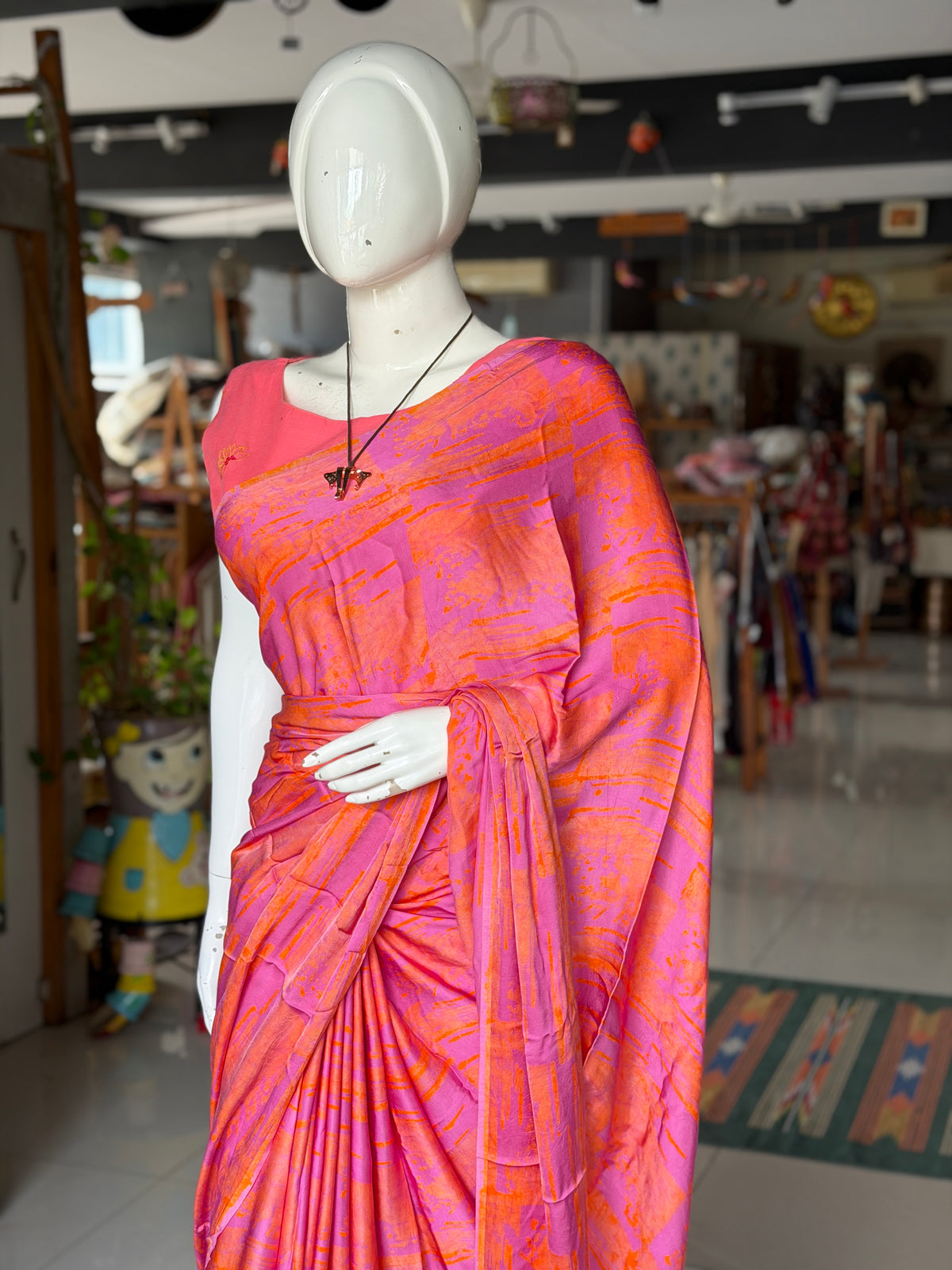 Purple orange batik hand block soft modal yardage saree / fabric - handcrafted