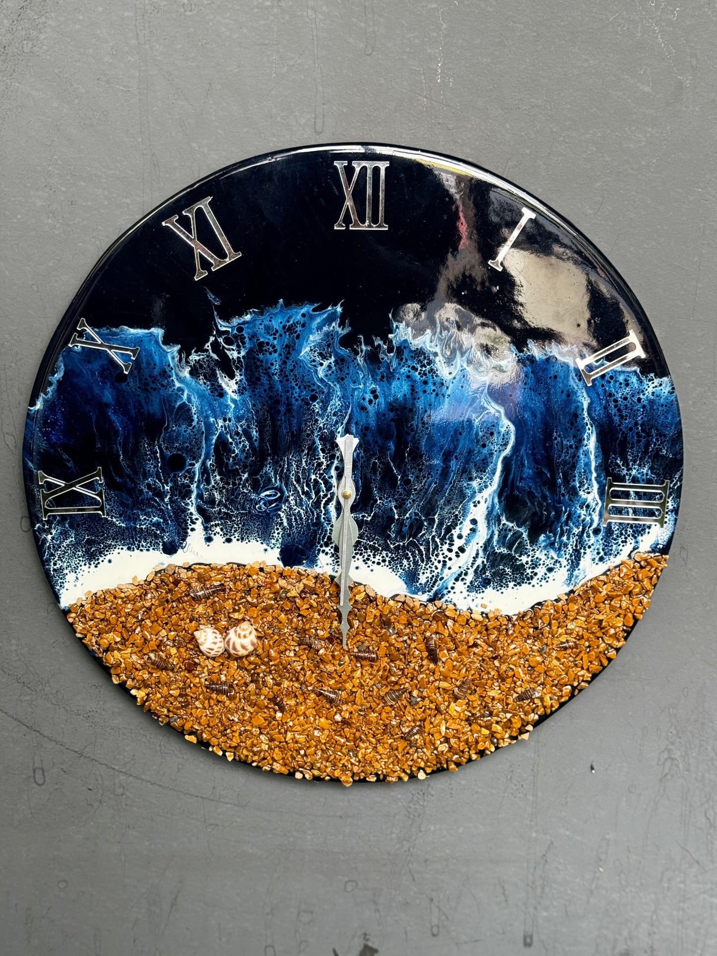 Black and blue with pebbles and shells resin wall clock 16 inches size