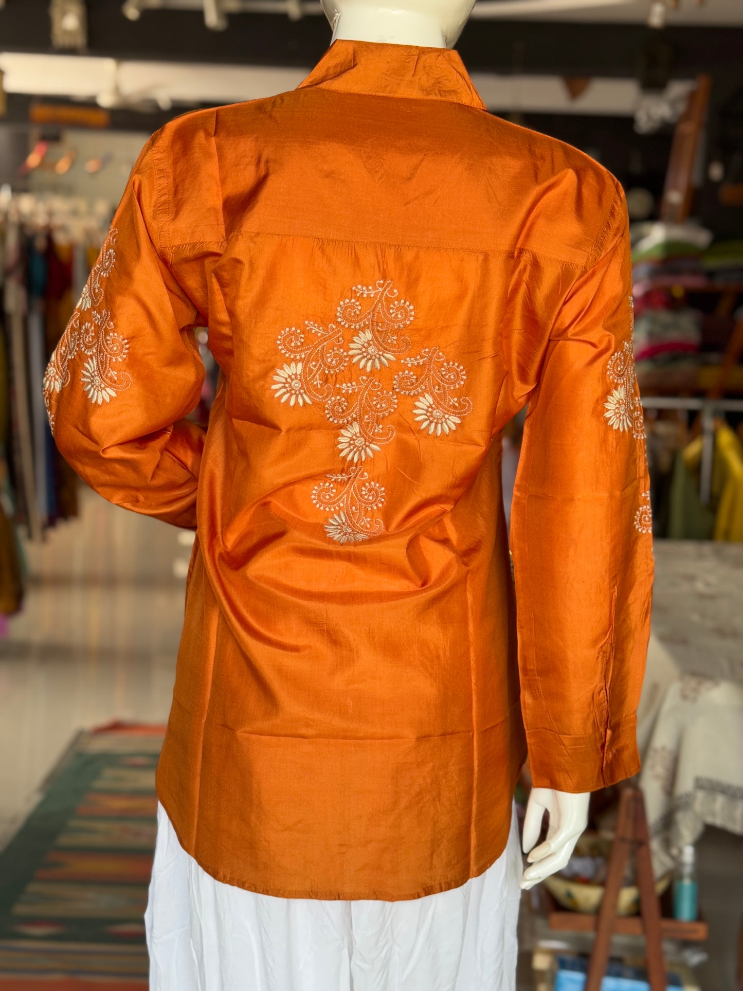 Burnt orange tone fine tussar silk Chikankari hand embroidered shirt for women