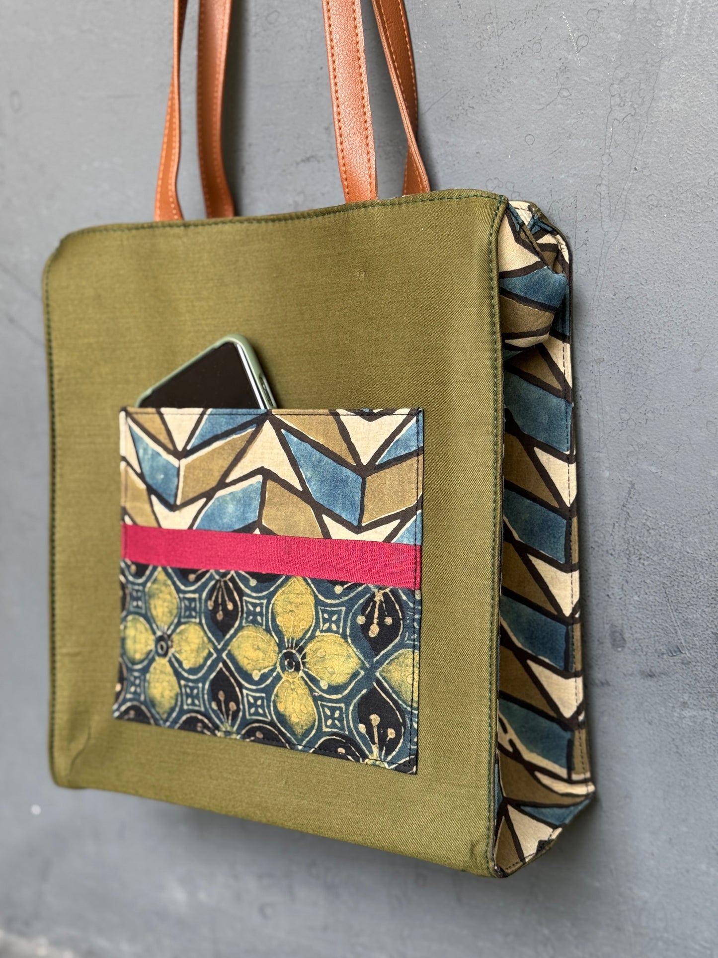 Wide base hand block printed, fabric tote bag with front patch pocket