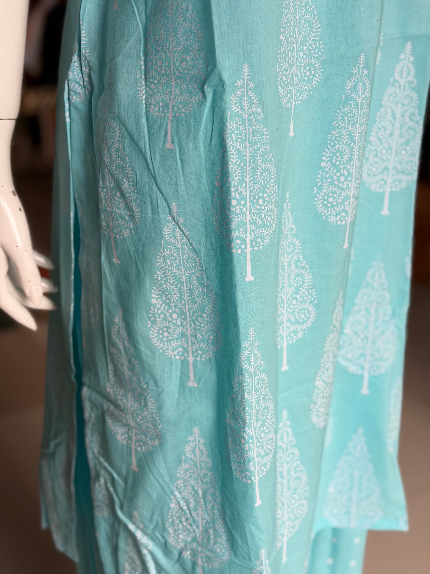 Blue cypress print cotton kurti paired with a matching dots print barrel pants - 2 piece set