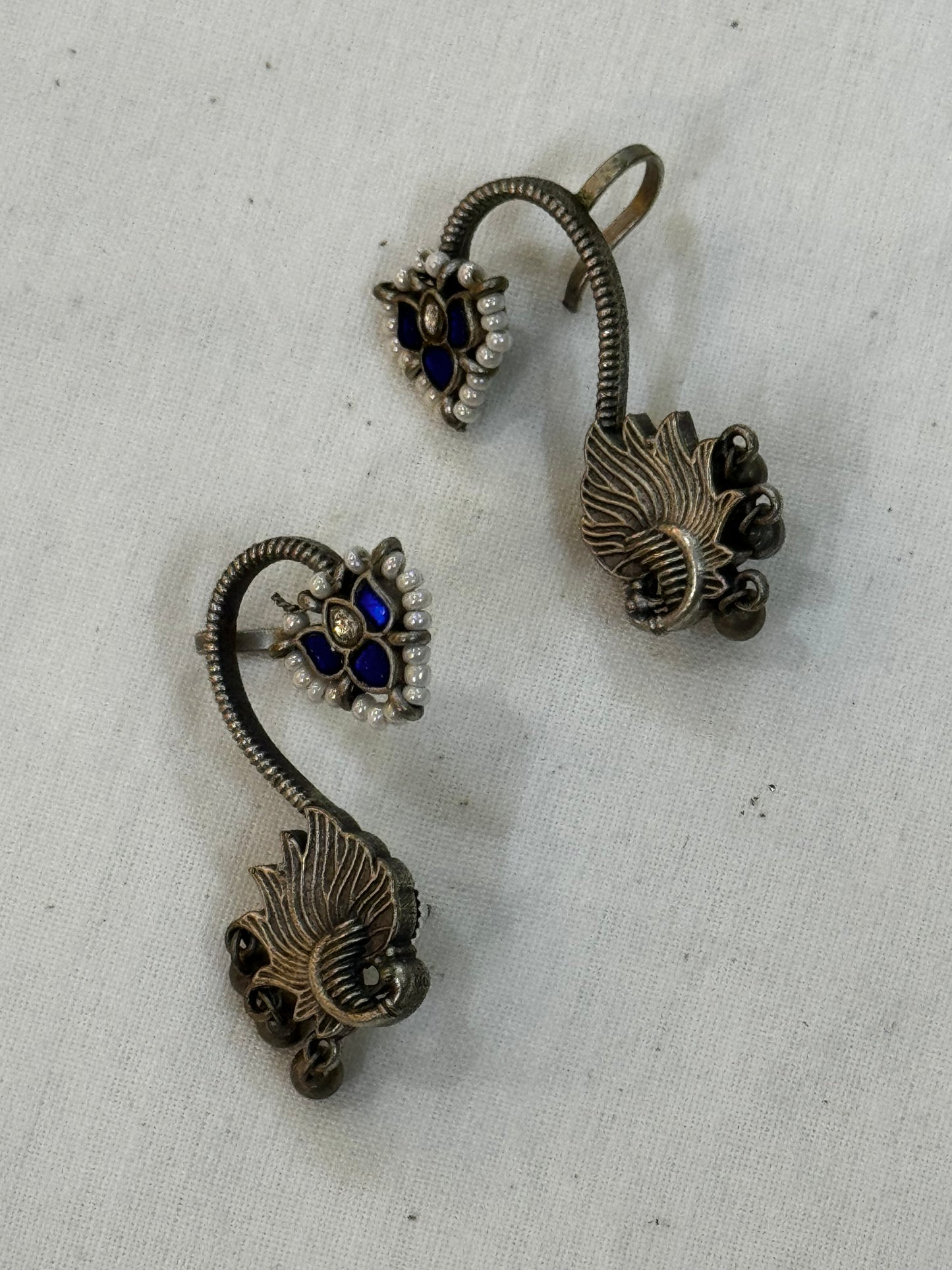 Bird earrings cum ear cuffs with blue stone