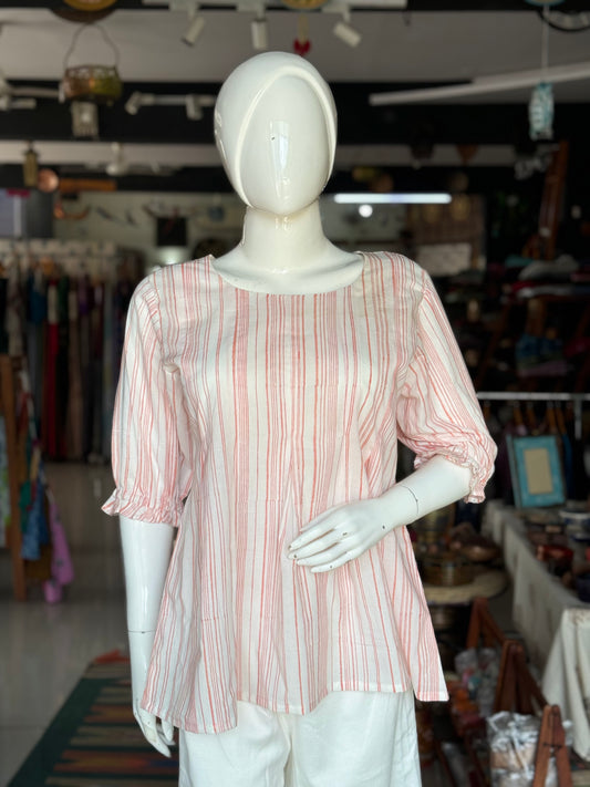 White and orange stripes cotton box pleat top