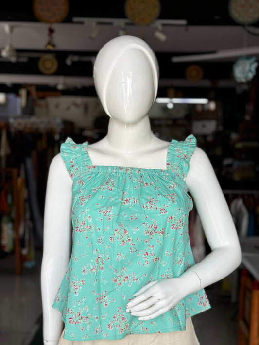 Pastel green floral hand block printed cotton elastic bust and sleeves top