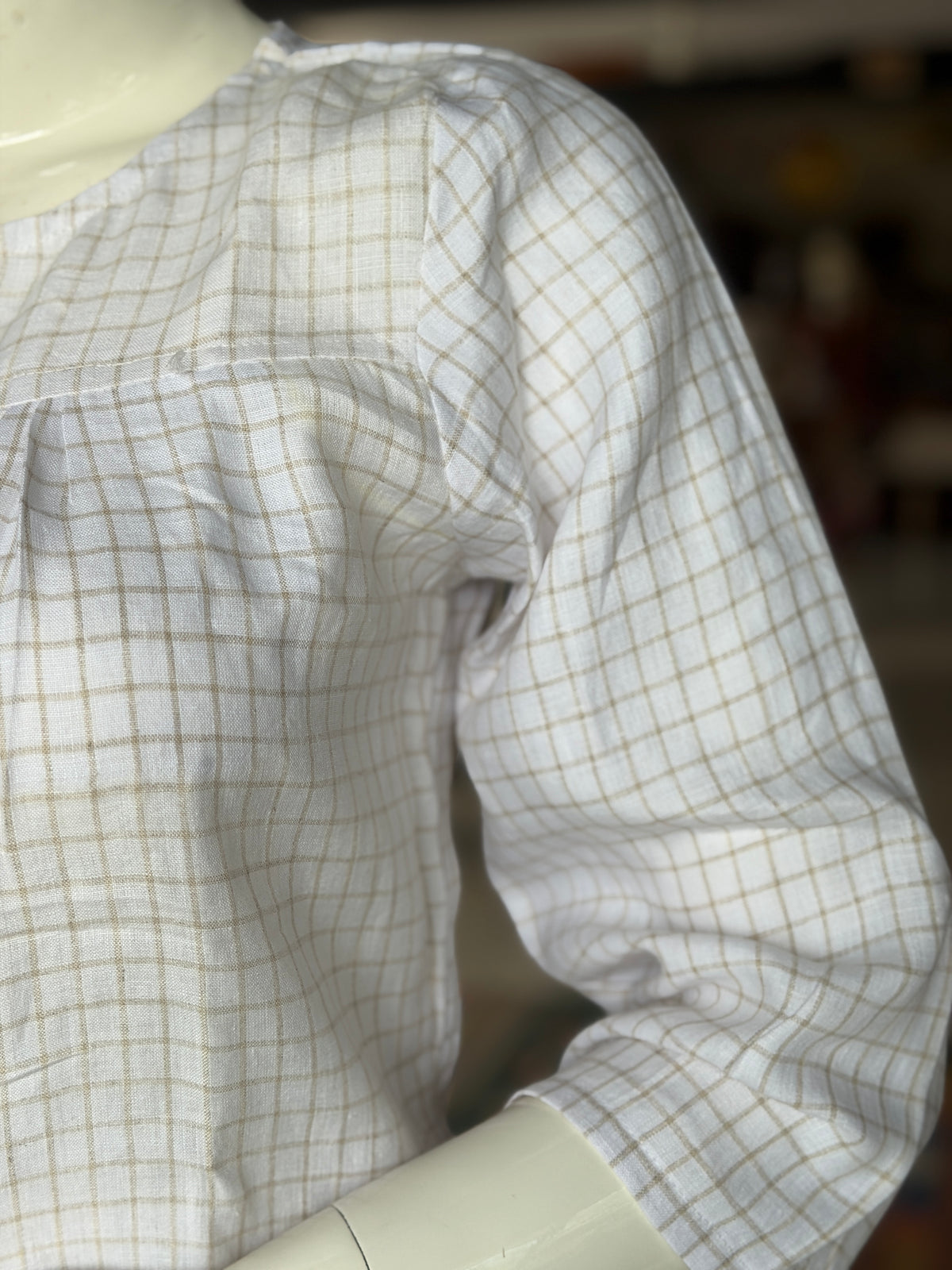 White with light brown checks hemp buttoned top