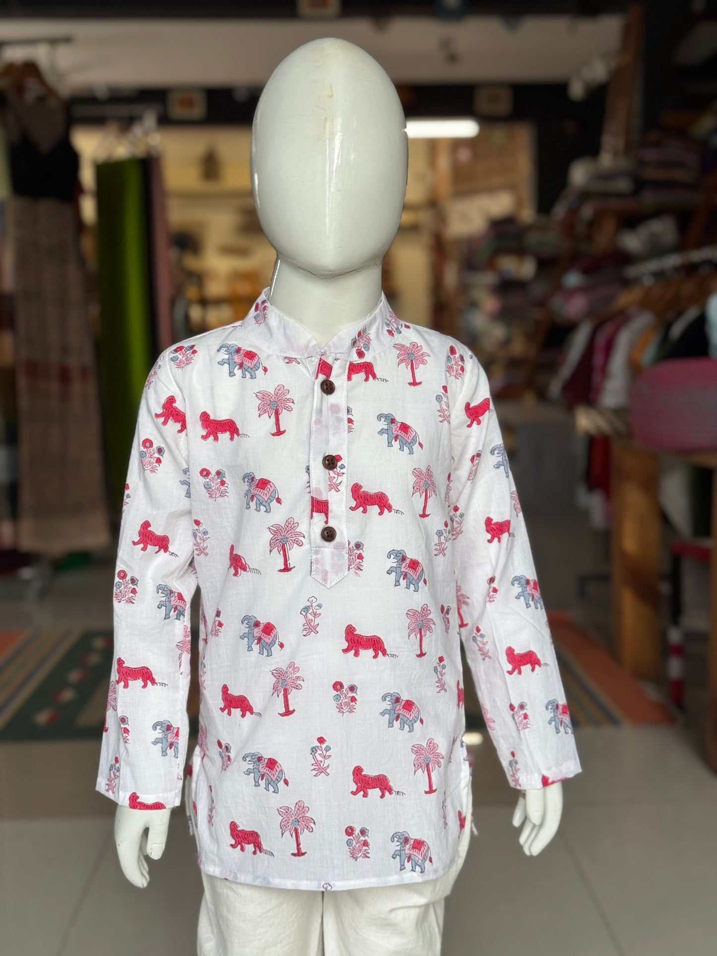 Jungle theme white hand block printed long cotton kurta for boys
