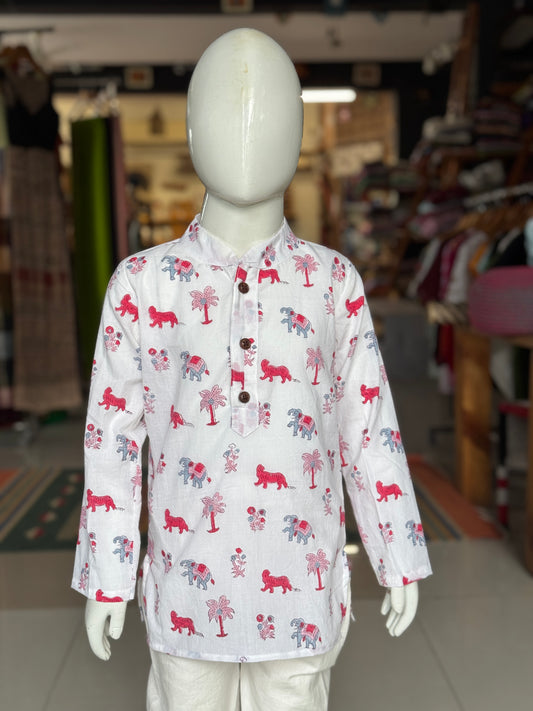 Jungle theme white hand block printed long cotton kurta for boys