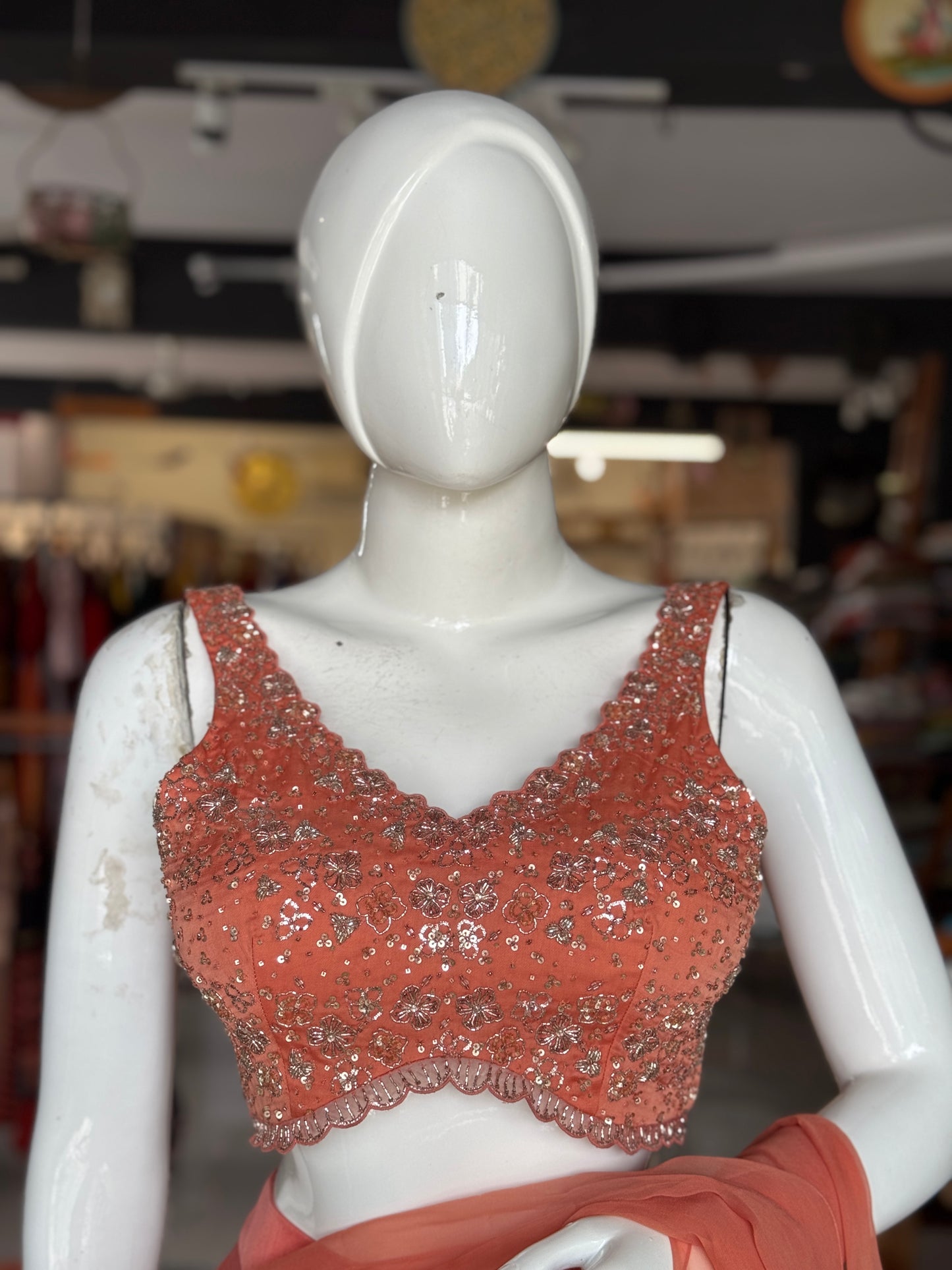 Rust orange hand embroidered georgette blouse top, organza plazo and georgette dupatta - 3 piece set