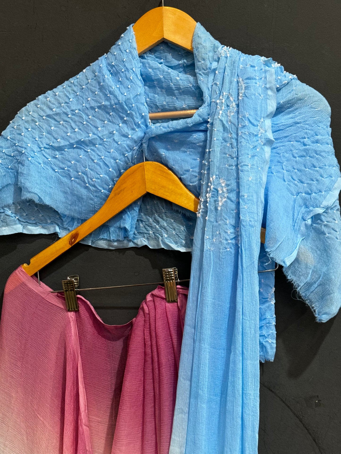 Blue and pink soft chiffon saree with bandini pallu and blue bandini blouse