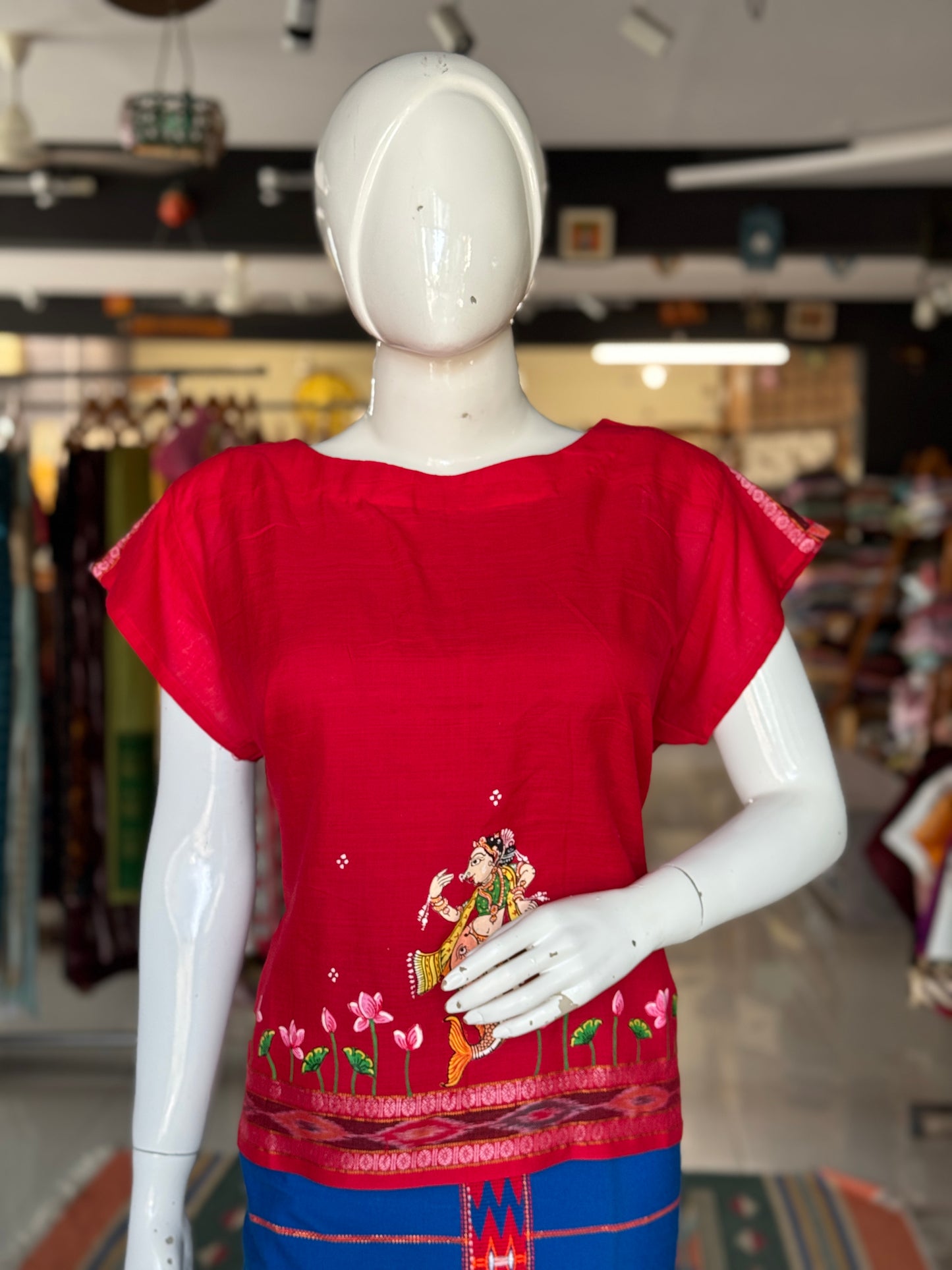 Red Patachitra hand painted, handwoven cotton top with ikat border