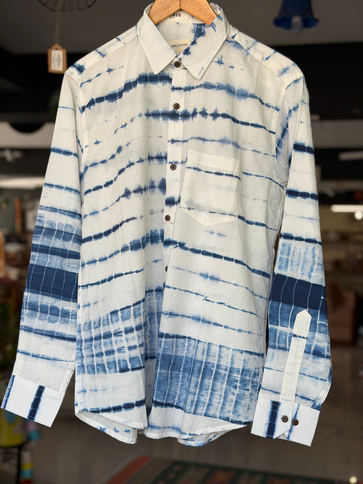 Blue on white tie dye print full sleeves cotton shirt for men