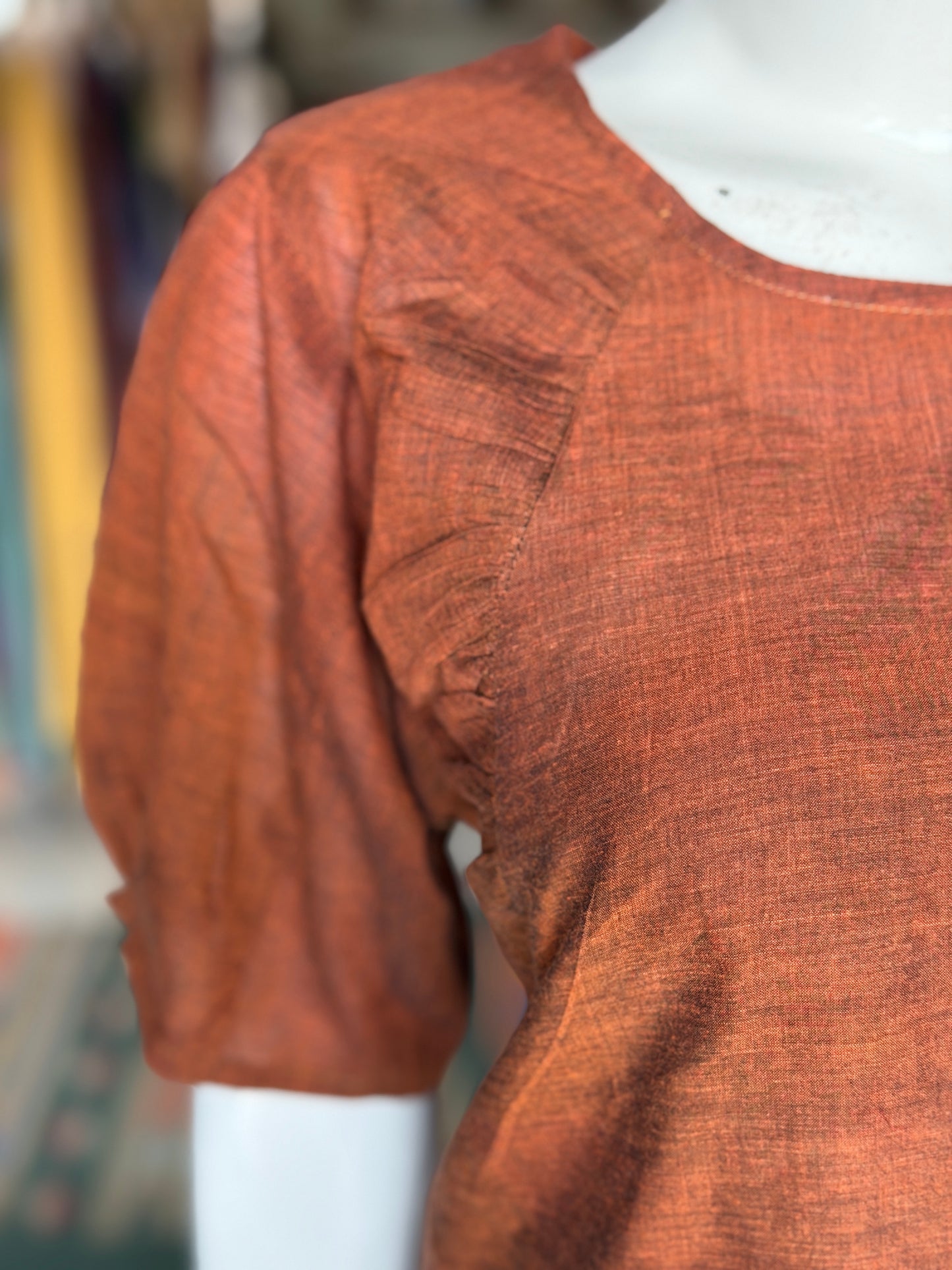 Brown soft mul handwoven cotton top with gathers near neck line