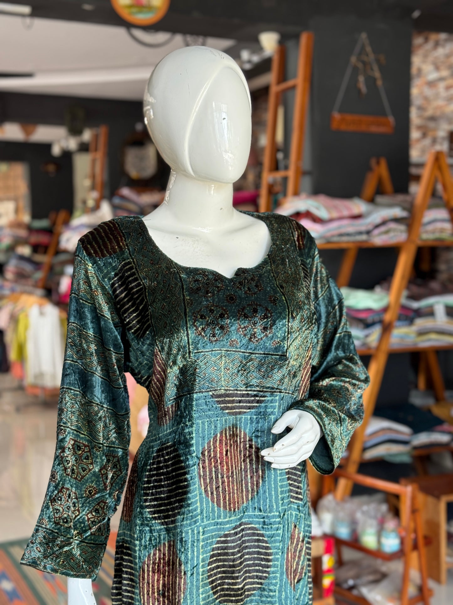 Green velvet straight kurti with Ajrakh hand block prints and long sleeves