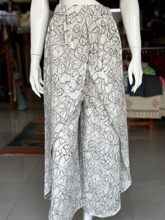 White wrap leg style tulip pants - hand block printed circles