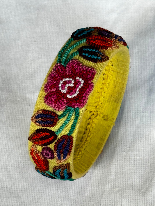 Yellow french knot floral hand embroidered bangle - single