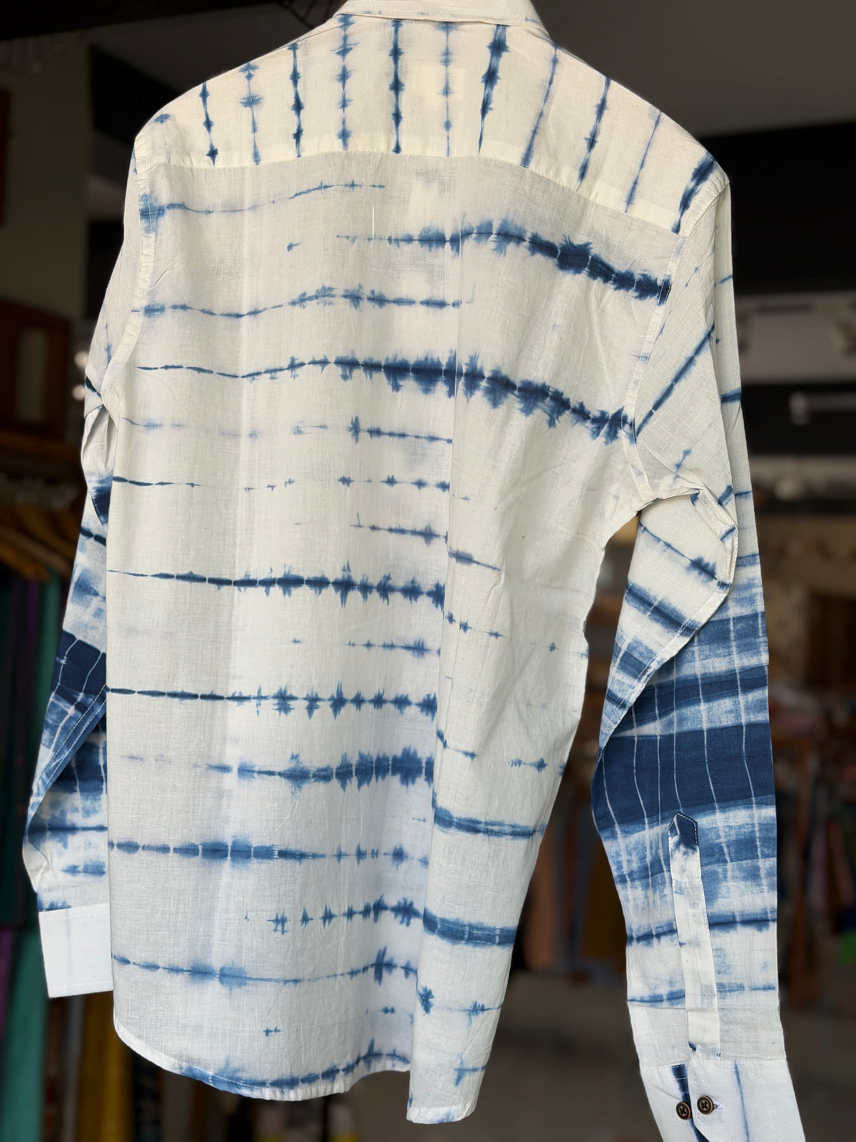 Blue on white tie dye print full sleeves cotton shirt for men