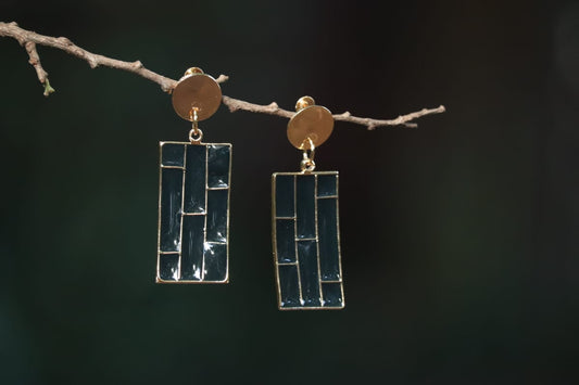 Black enamel rectangular drop earrings - handcrafted in copper