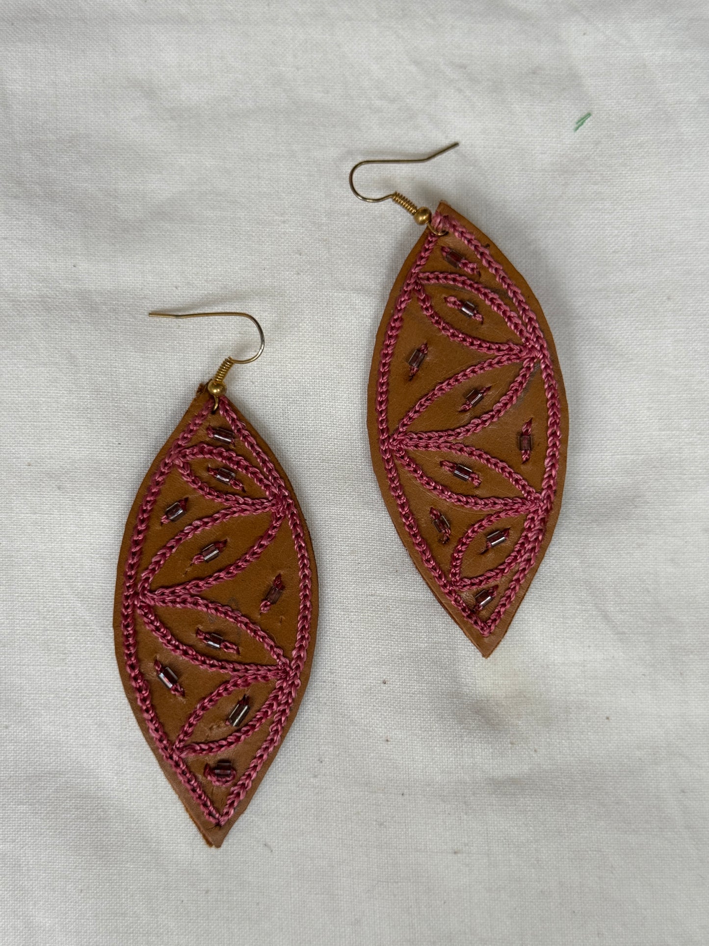 Leather with hand embroidery light weight earrings - shapes, designs and color choice available