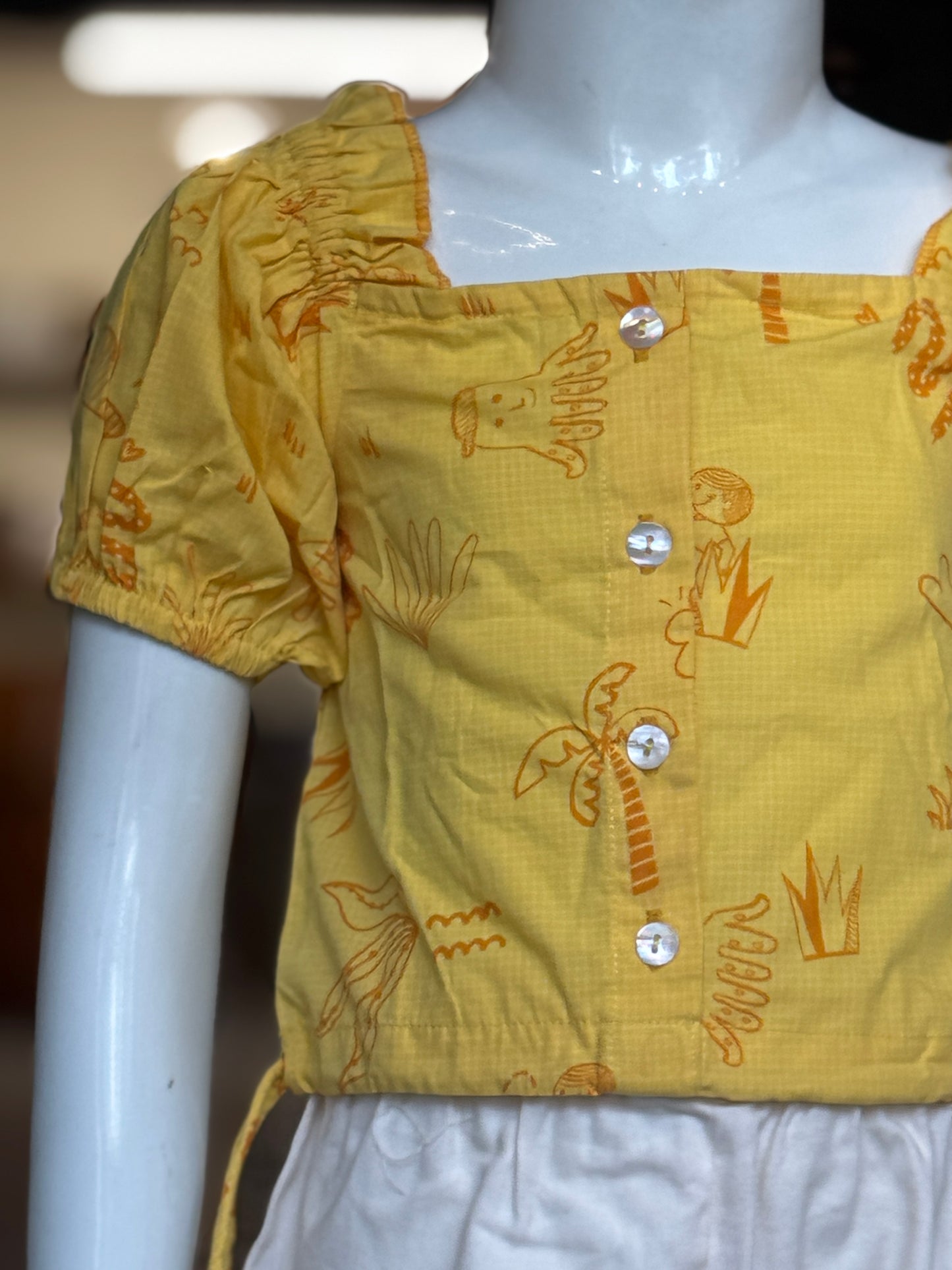 Yellow printed puffed sleeves crop top for girls