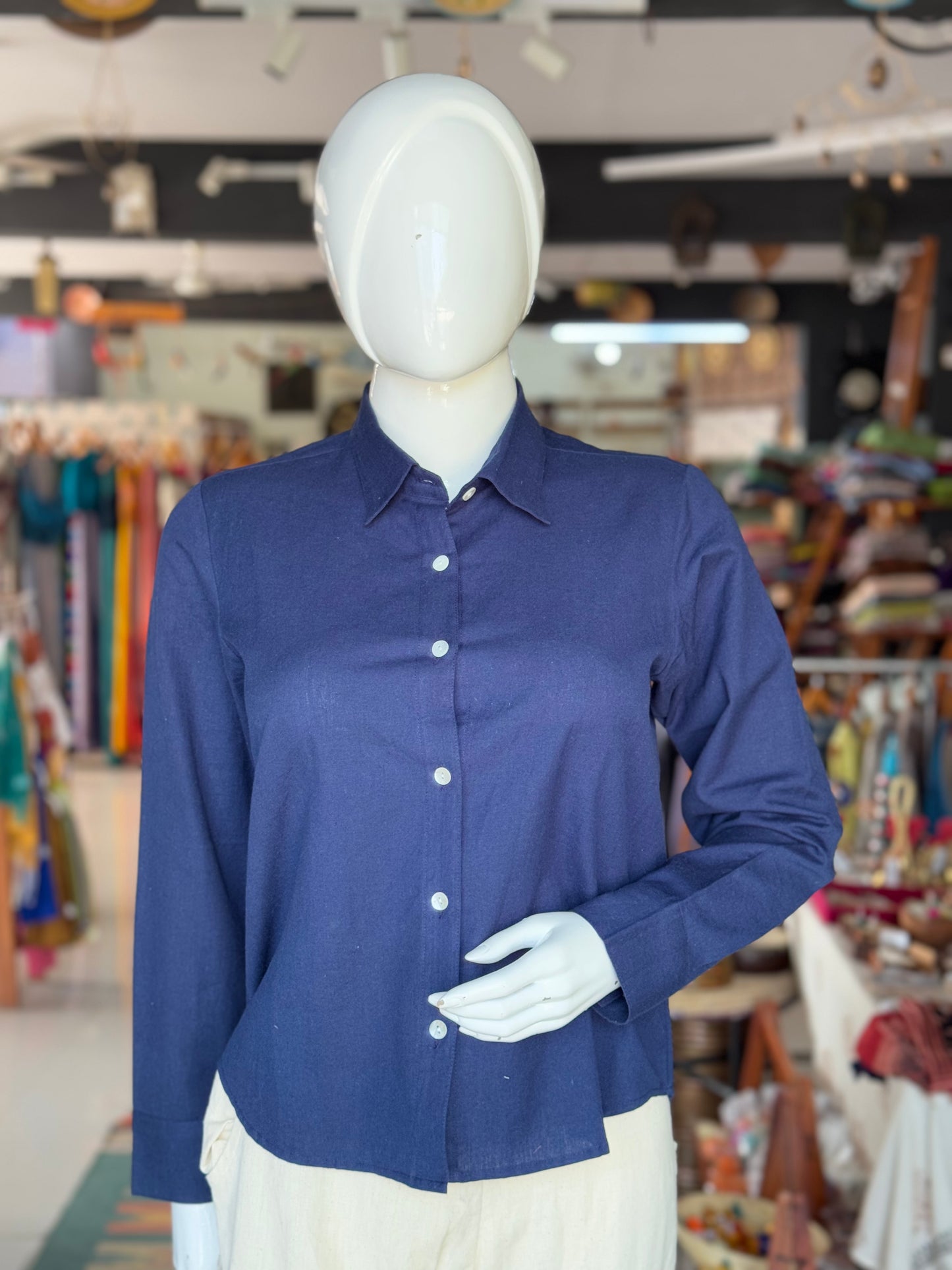 Shopping on your mind - embroidered, painted navy blue flex cotton full sleeves shirt for women