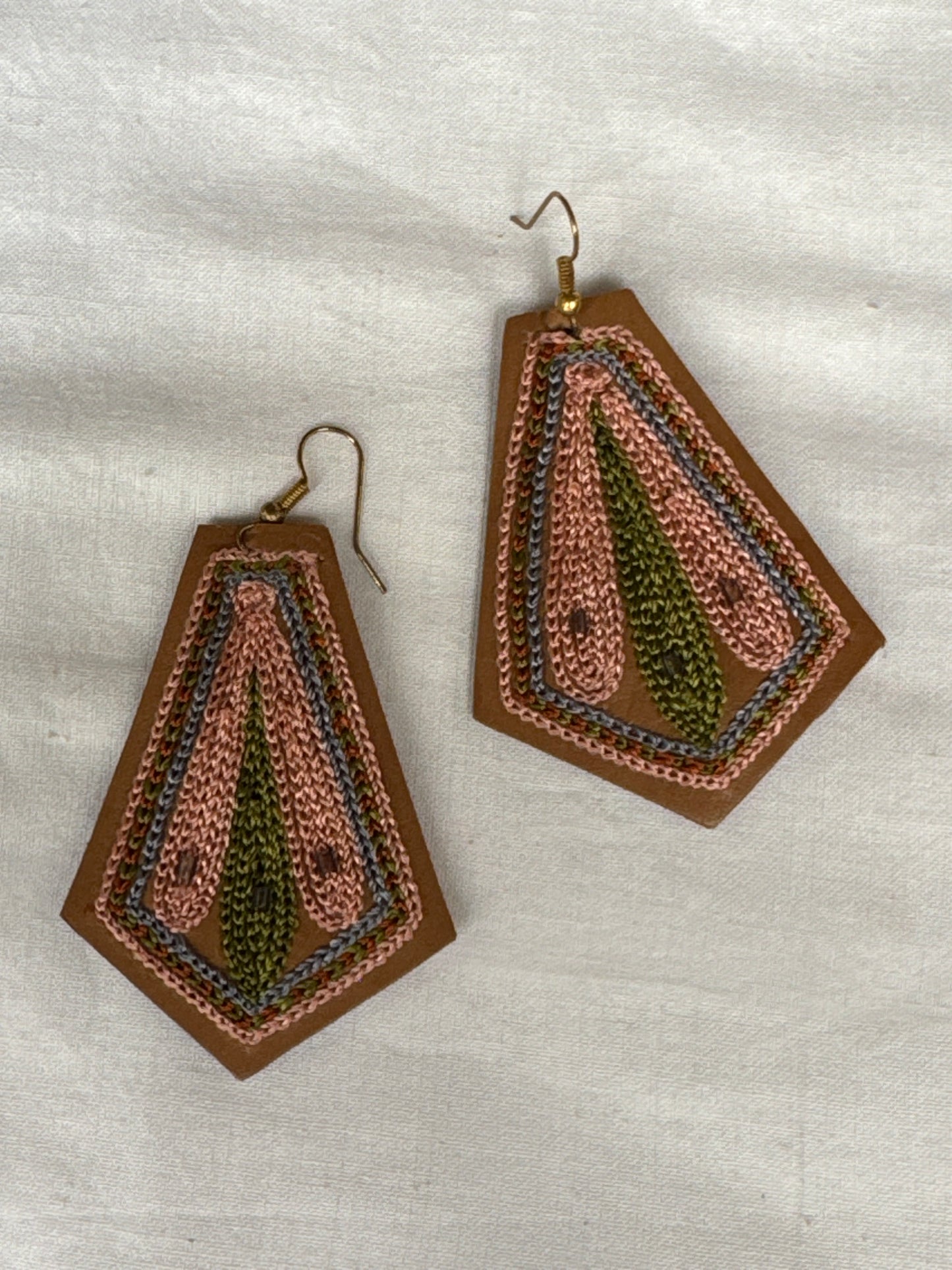 Leather with hand embroidery light weight earrings - shapes, designs and color choice available