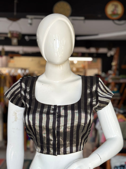 Black n Silver stripes tissue silk Chanderi handloom blouse with round neckline and short sleeves
