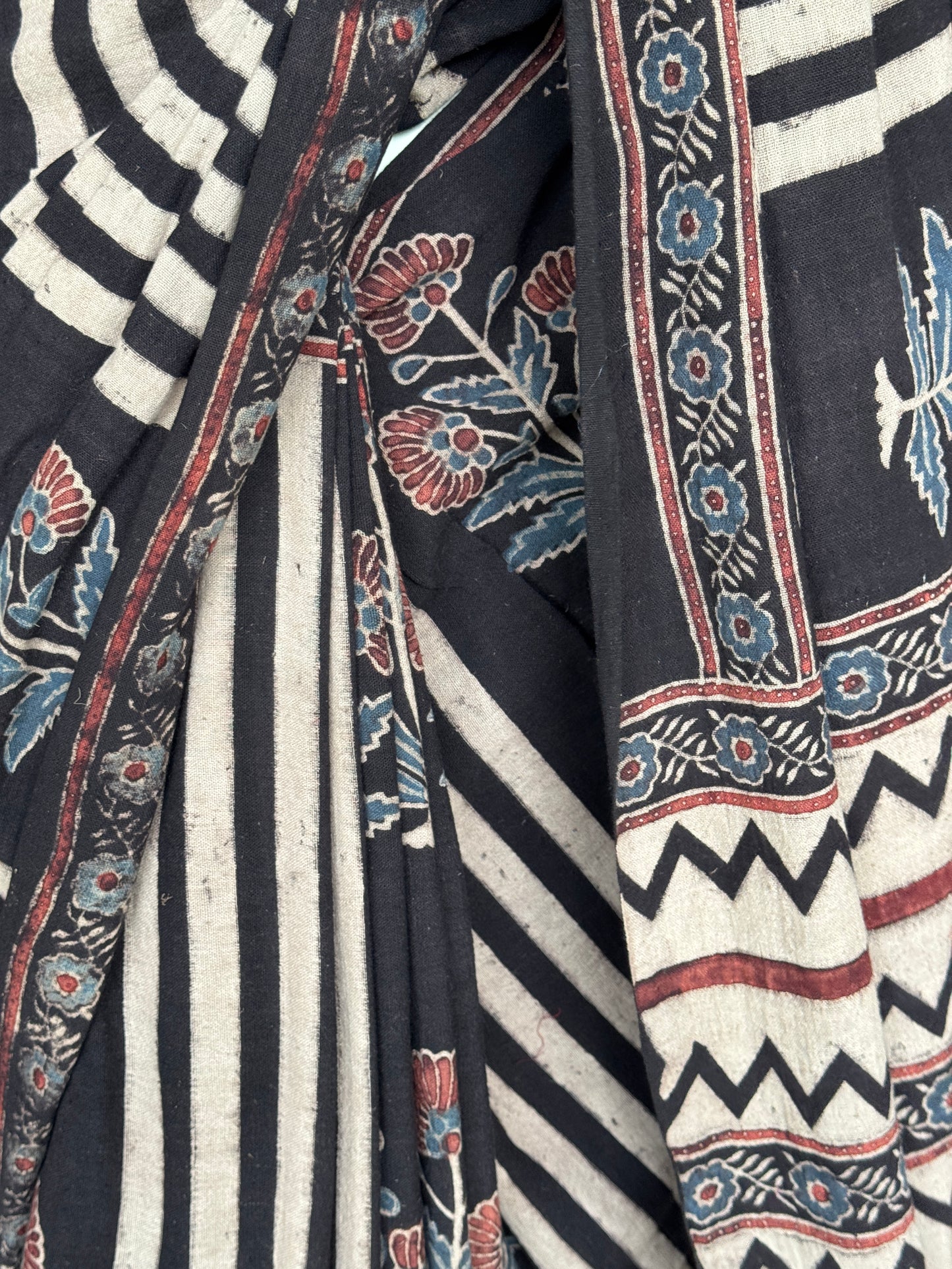 Kala cotton hand woven saree with black stripes and flowers Ajrakh hand block print