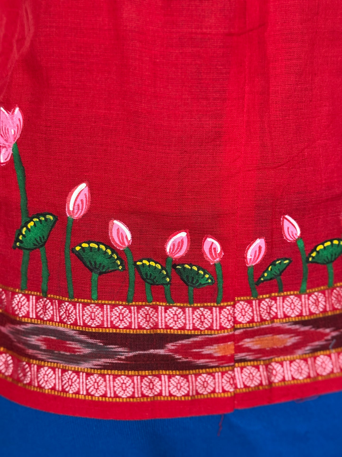 Red Patachitra hand painted, handwoven cotton top with ikat border