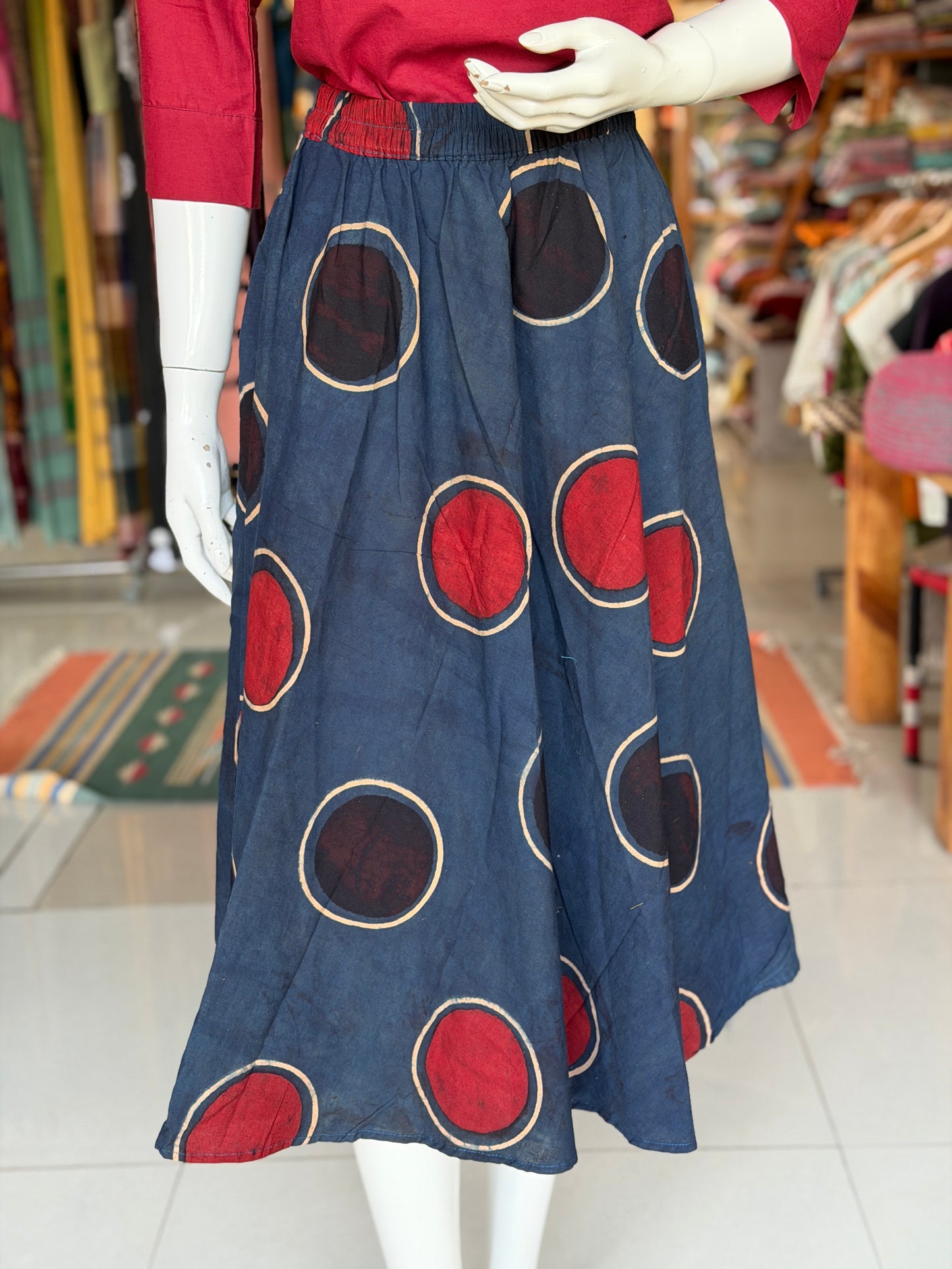 Calf length midi cotton skirt in Indigo Ajrakh - circles design