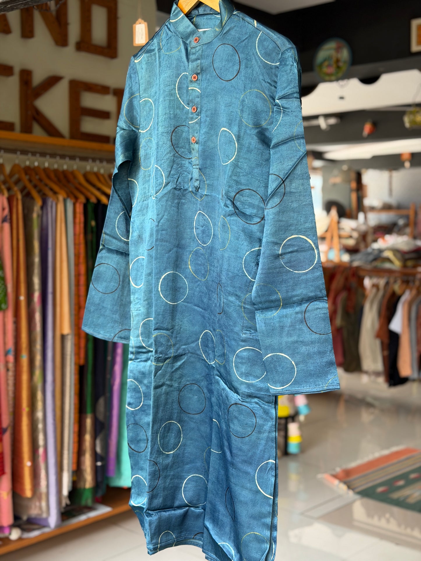 Indigo circles hand block printed Ajrakh mashru long kurta for men