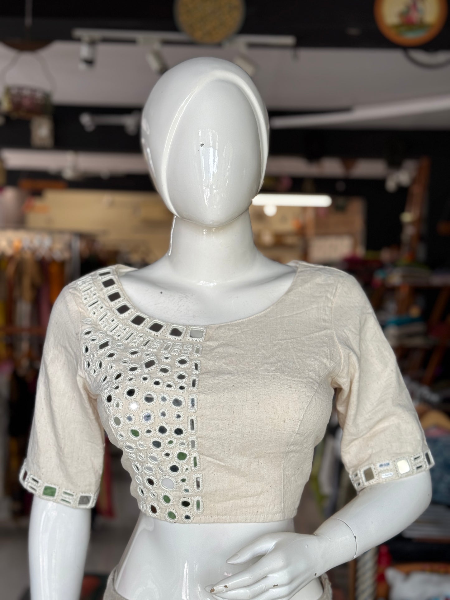 Off white Kala cotton handwoven ready to wear blouse with front half and sleeves mirrors embroidery