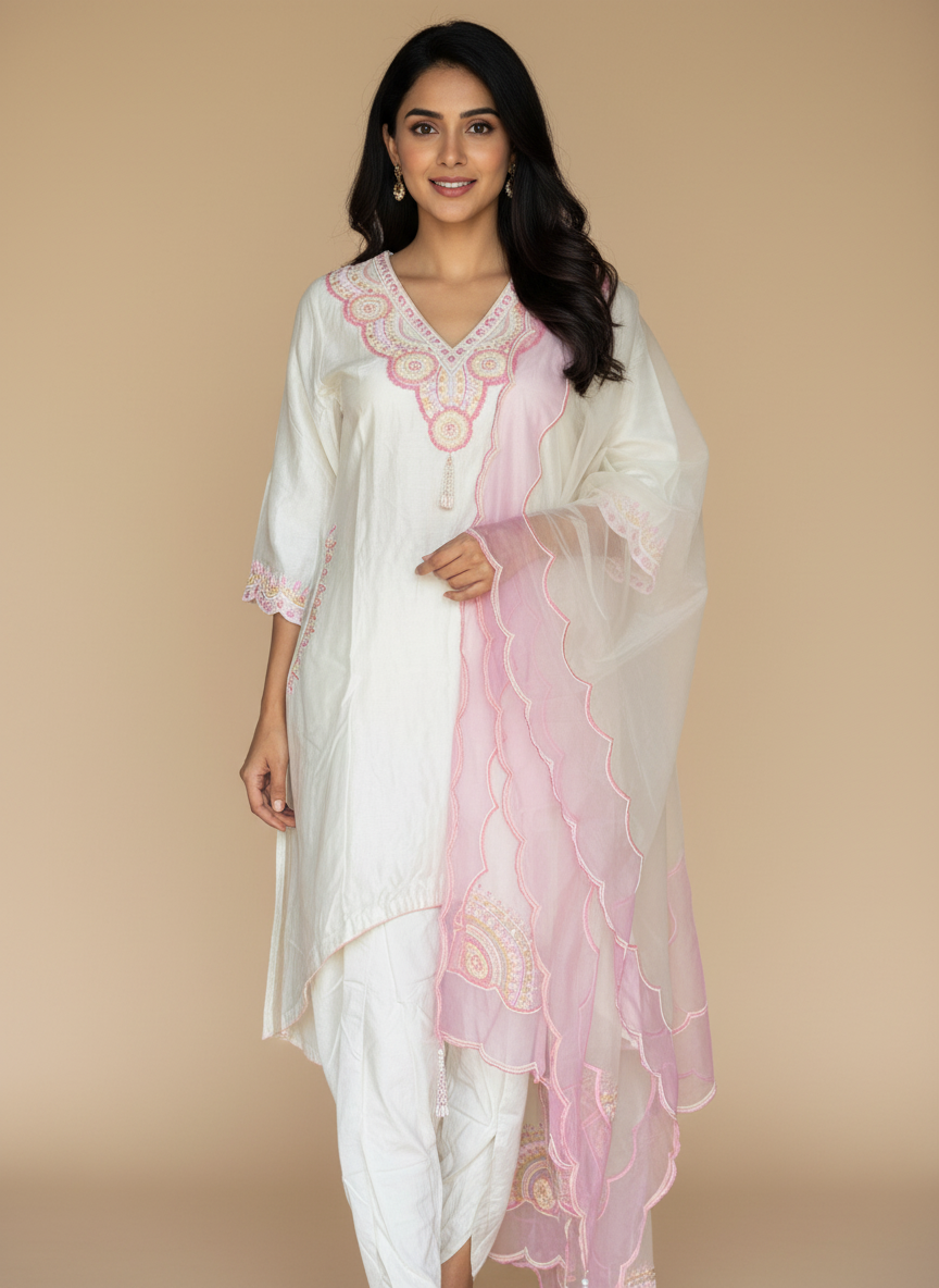 Off white silk cotton embroidered kurta, tulip pants and organza dupatta - 3 piece set