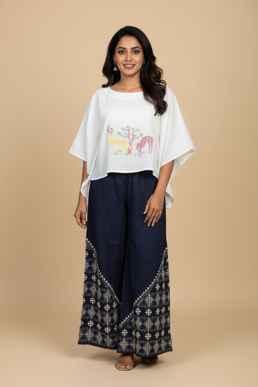 Kantha hand embroidered cotton poplin free size plazo with front pocket