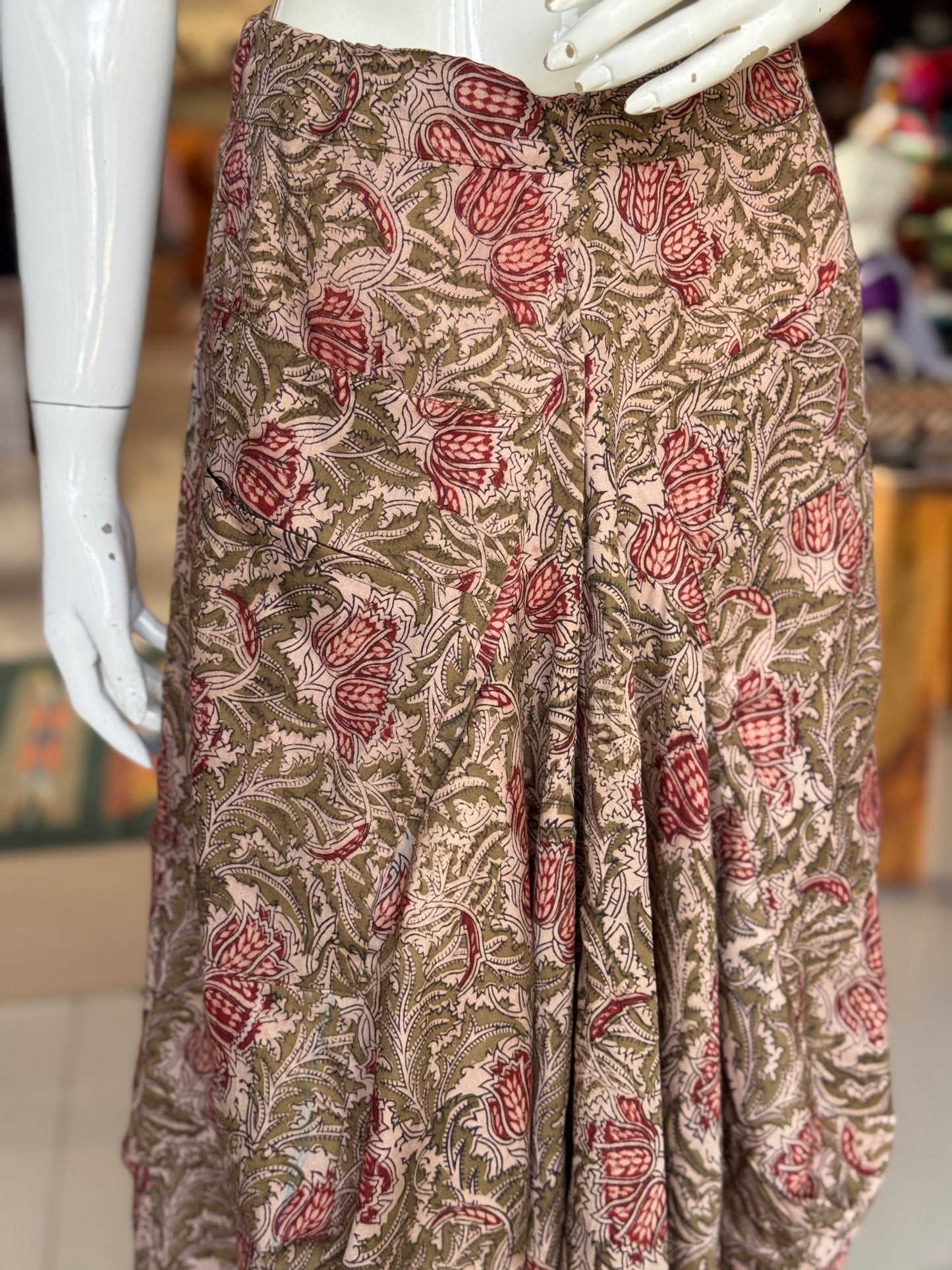 Olive green Kalamkari hand block printed cotton satin designer cowl skirt - with pockets