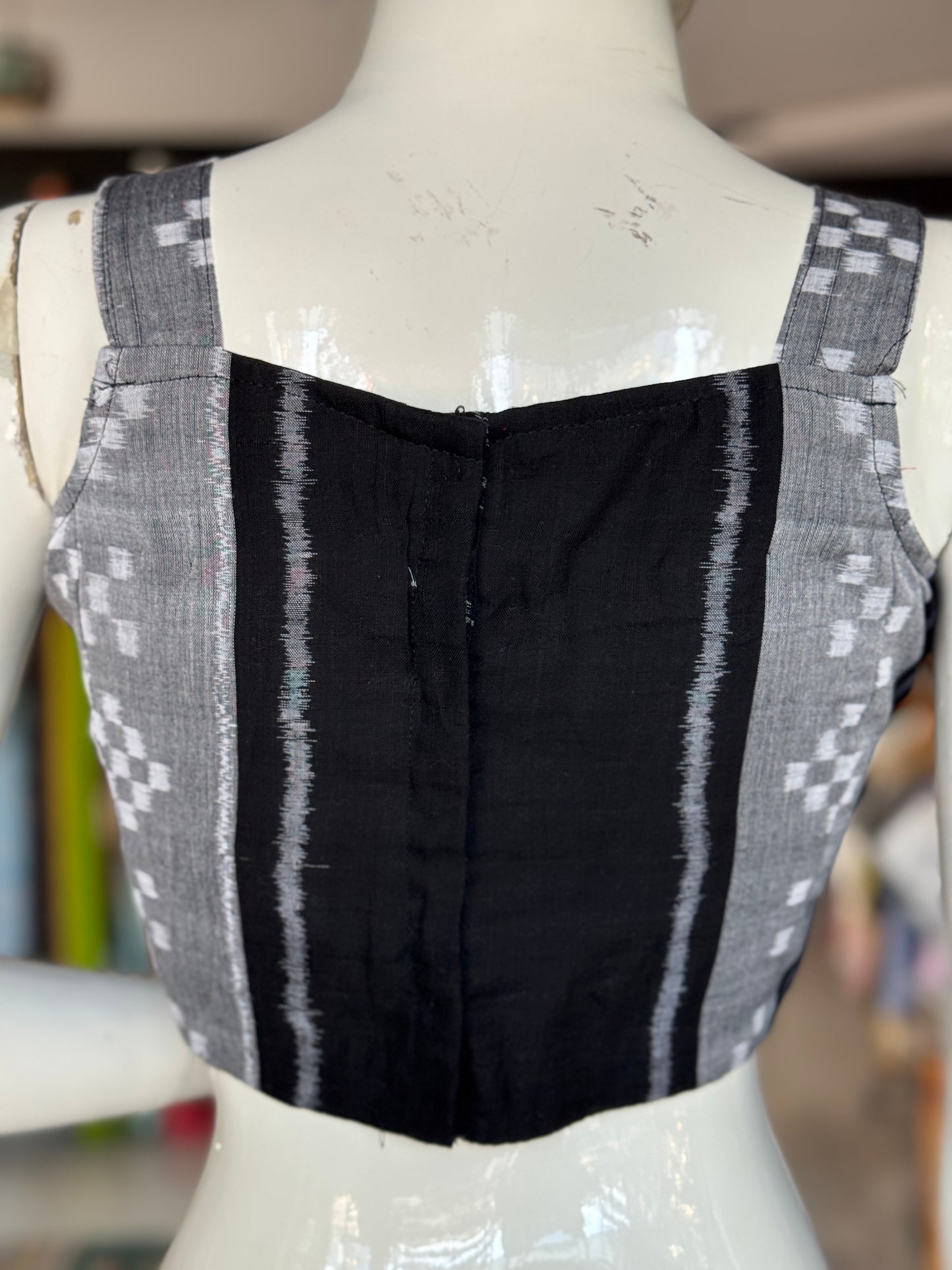 Grey and black ikat mercerized cotton sleeveless handloom blouse