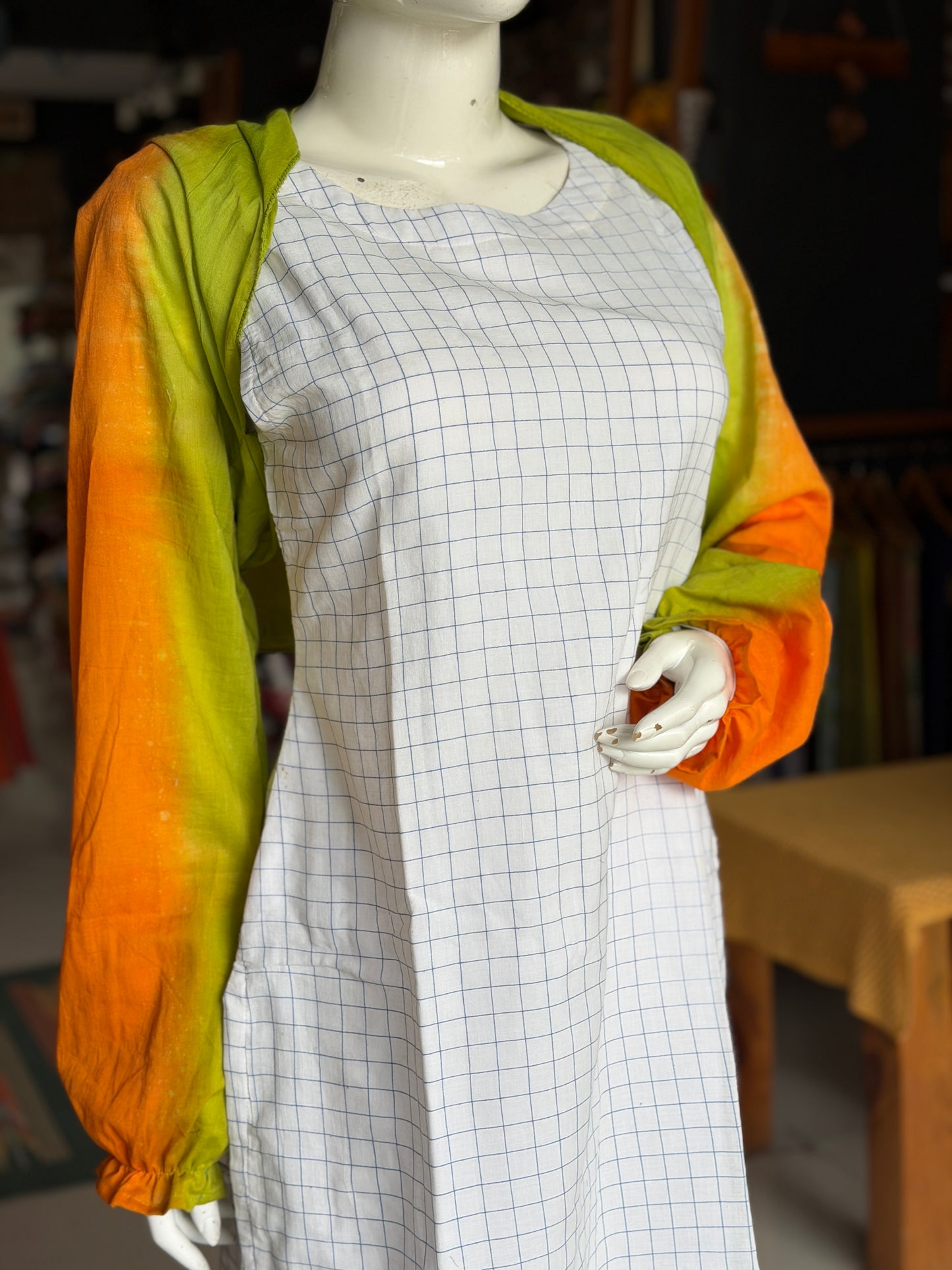 Saffron orange and green tie dye hand crafted cotton short shrug with full sleeves
