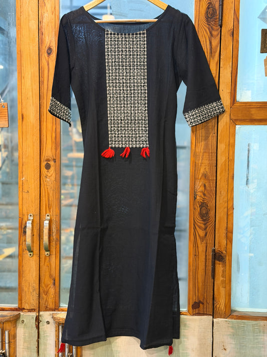 Black cotton straight kurti with white French knot embroidery on the front