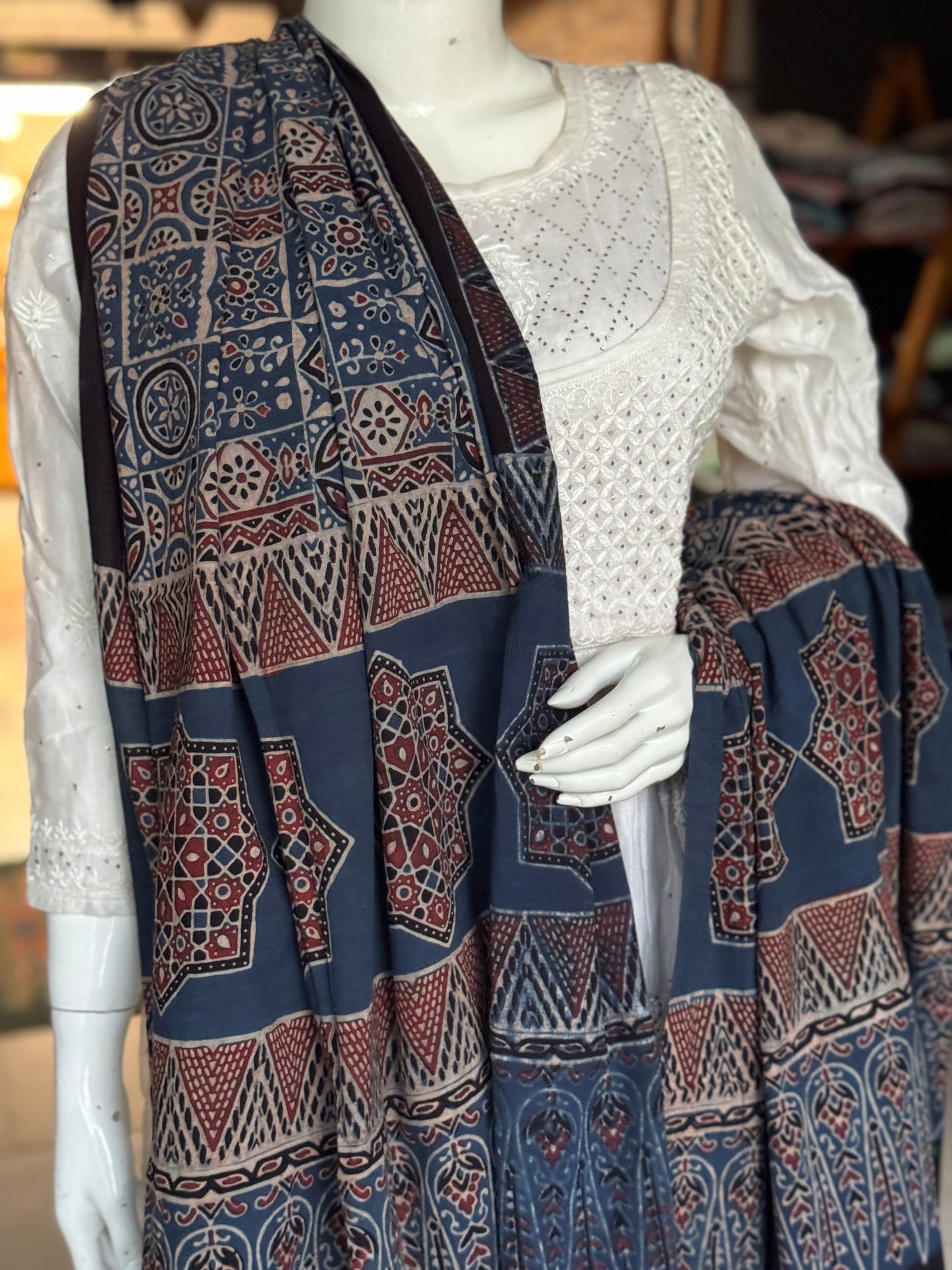 Ajrakh natural dye, hand block printed 60s cotton dupatta - colour options