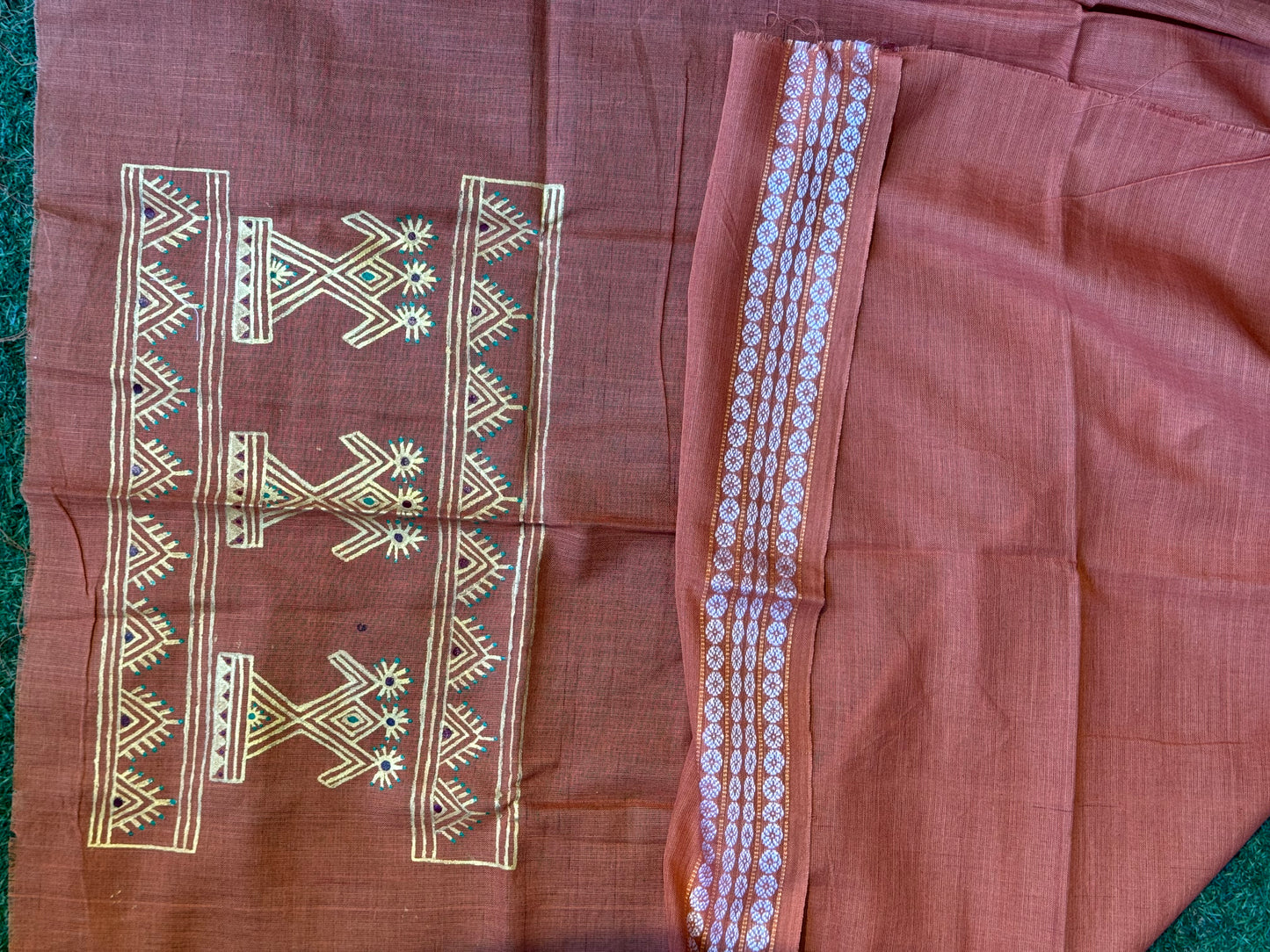 Hand painted / embroidered on handloom cotton - unstitched blouse fabric