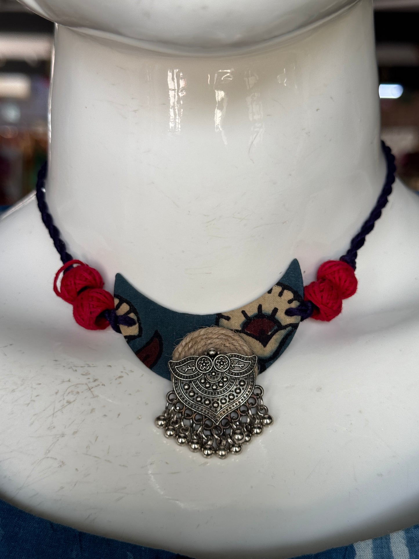 Hand block printed cotton fabric and oxidised silver handcrafted choker neckpiece and earrings set