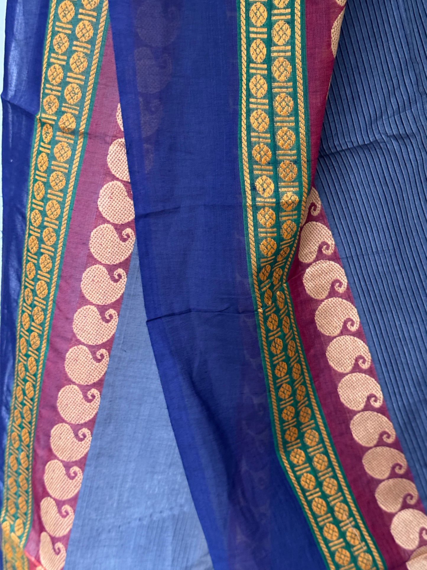 Blue stripes cotton handloom dupatta with paisley border