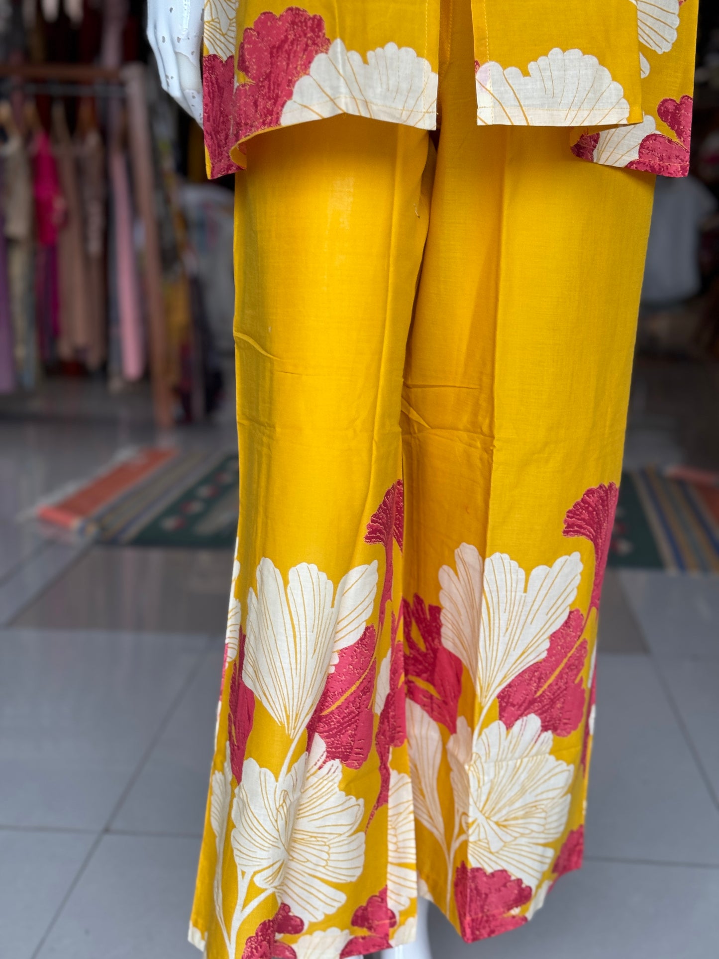 Yellow with pink floral print band collared cotton top with long sleeves and pants - coord set