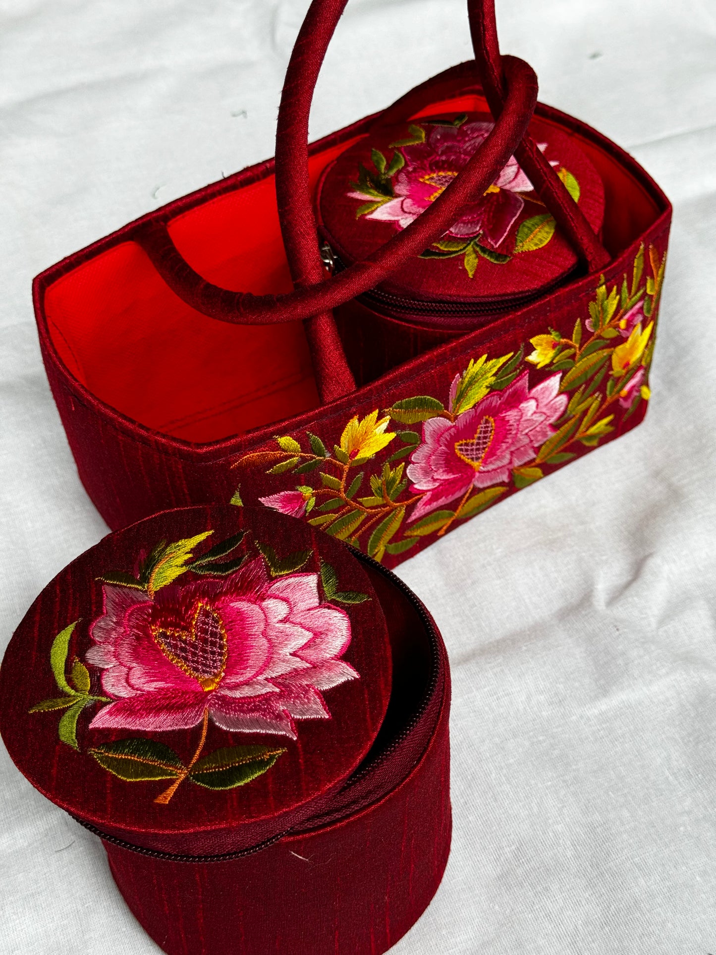 Two fabric jars gift hamper with flowers embroidery