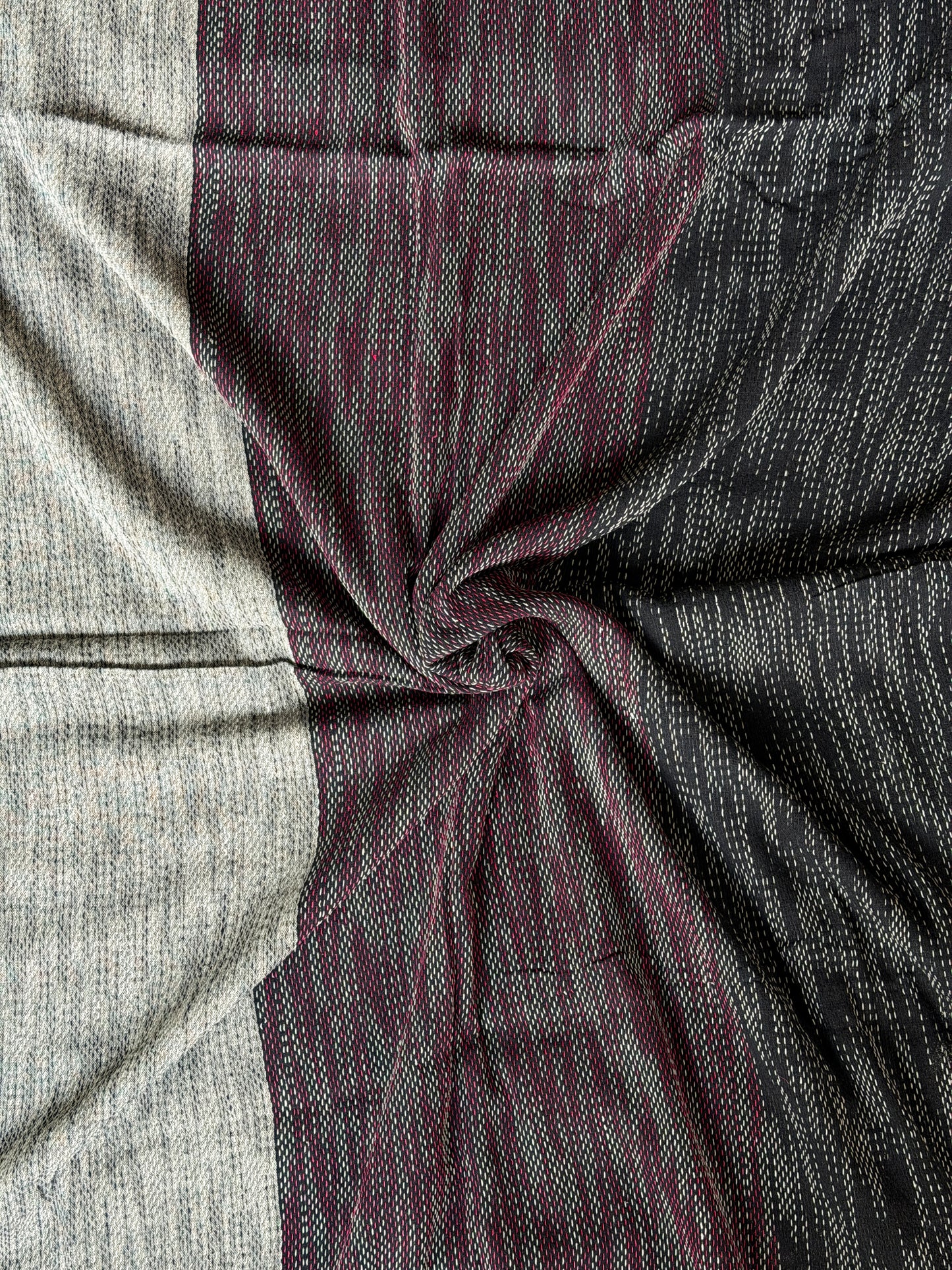 Grey and black, 3 panels design cotton hand spun, hand woven fabric with woven Kantha stripes
