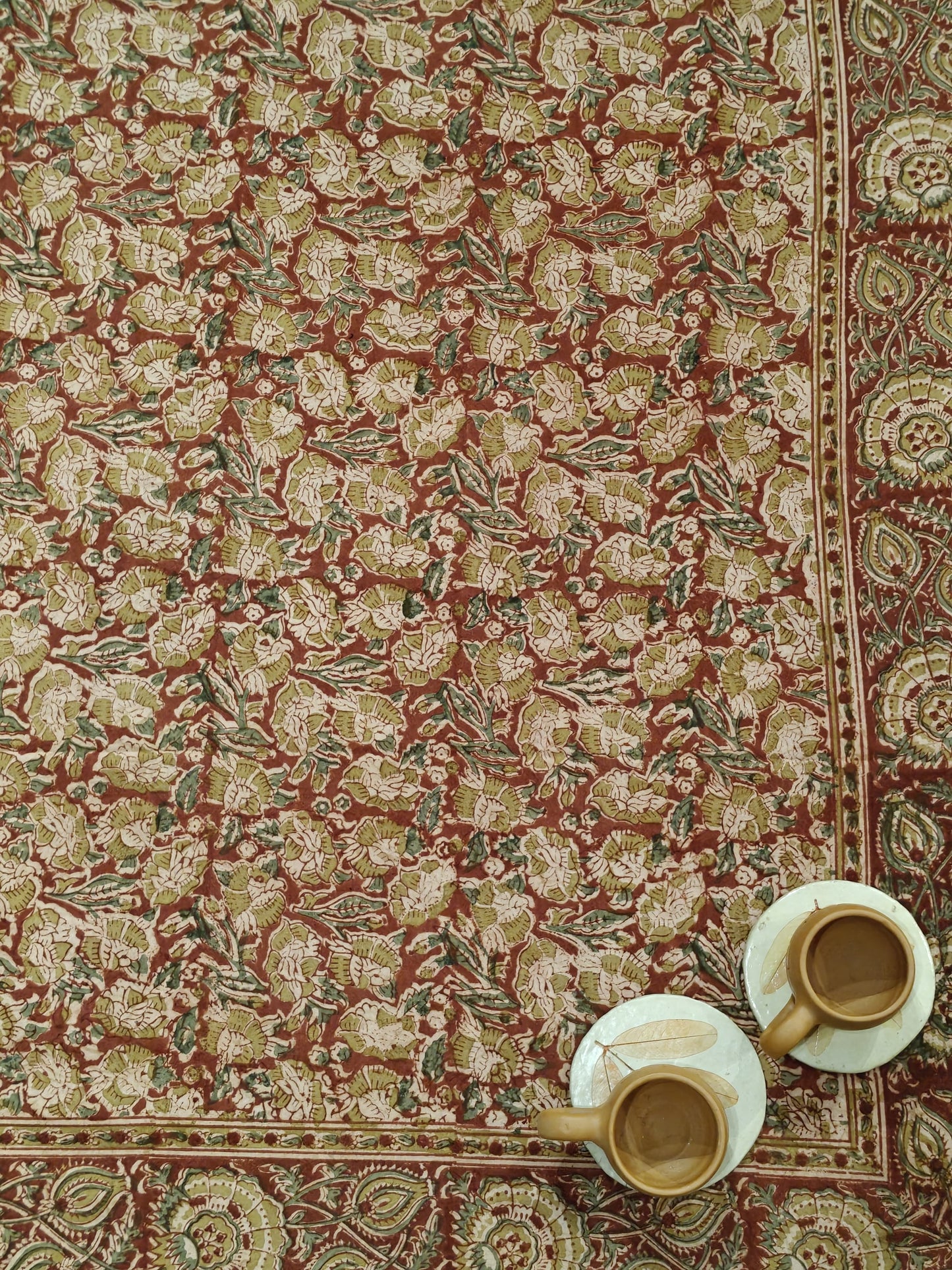 Red green floral hand block print single 60 x 90 inches size Kalamkari Bedsheet / table cover