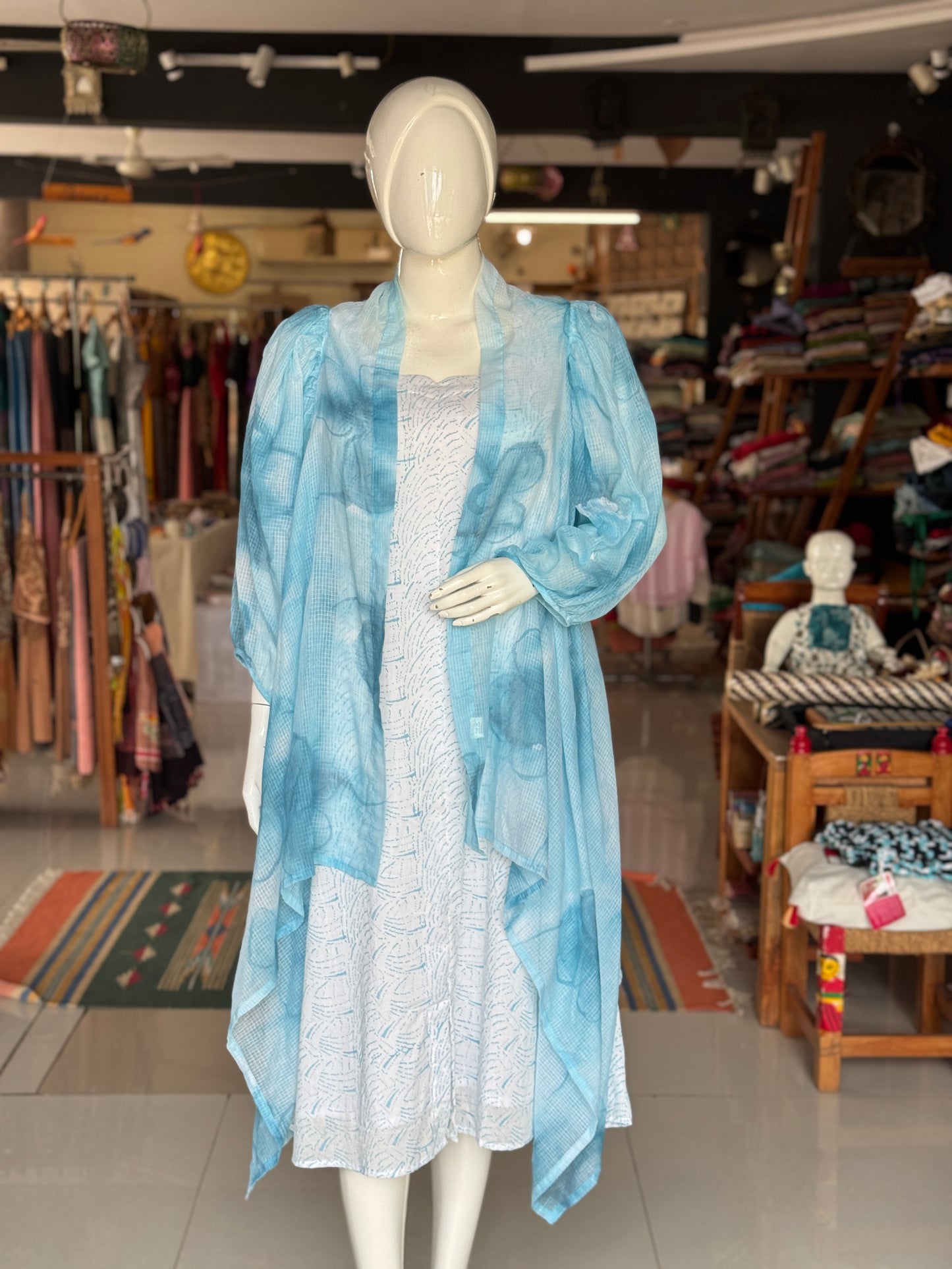 White and sky blue flowers handpainted kota cotton shrug with sleeves